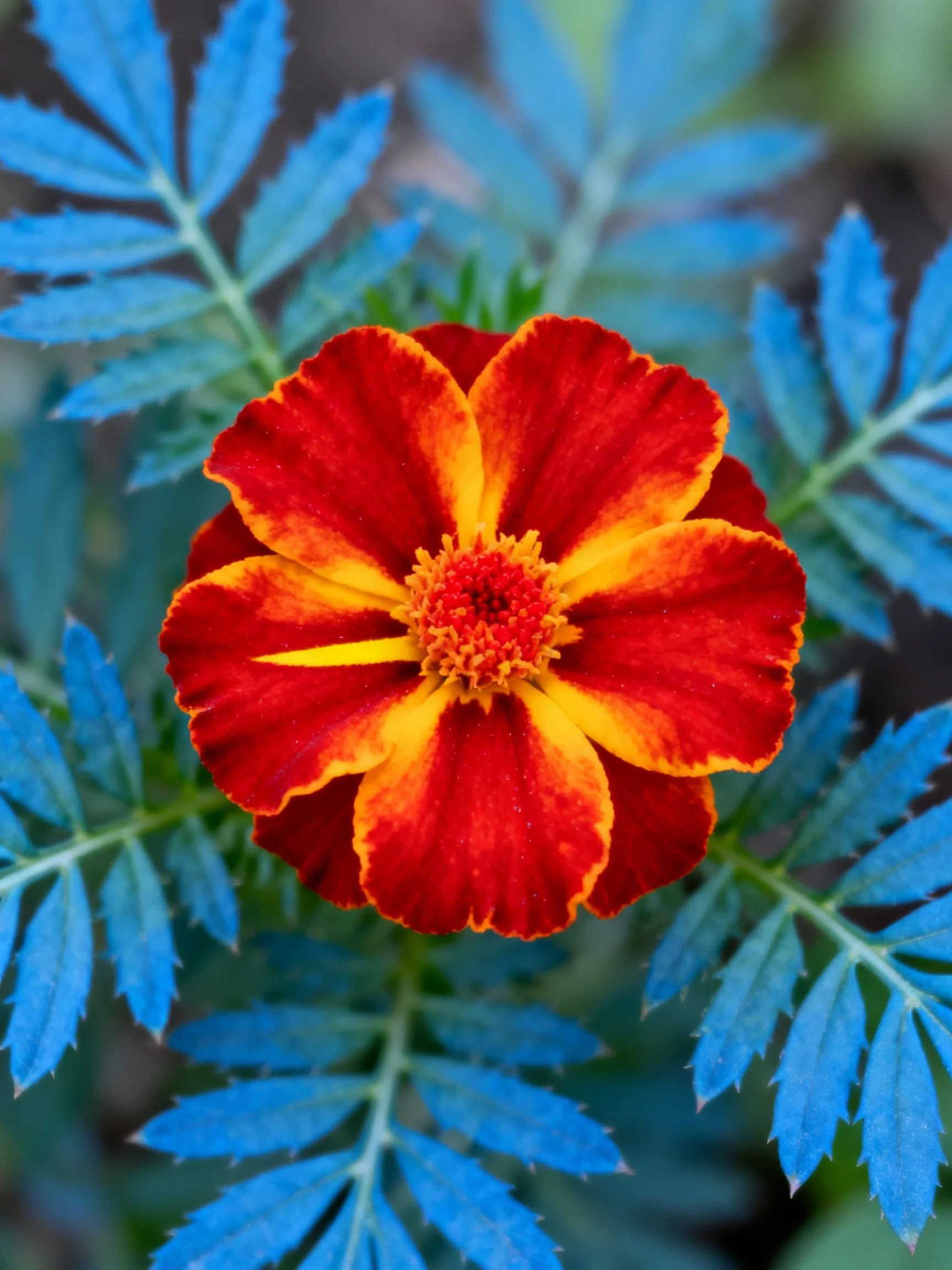A vibrant flower with red and yellow petals contrasts with blue foliage.