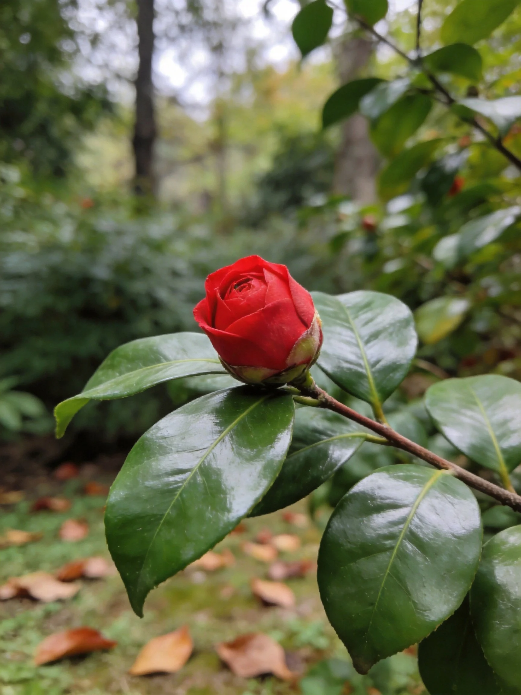 A bright red flower bud with glossy green leaves in a forested area