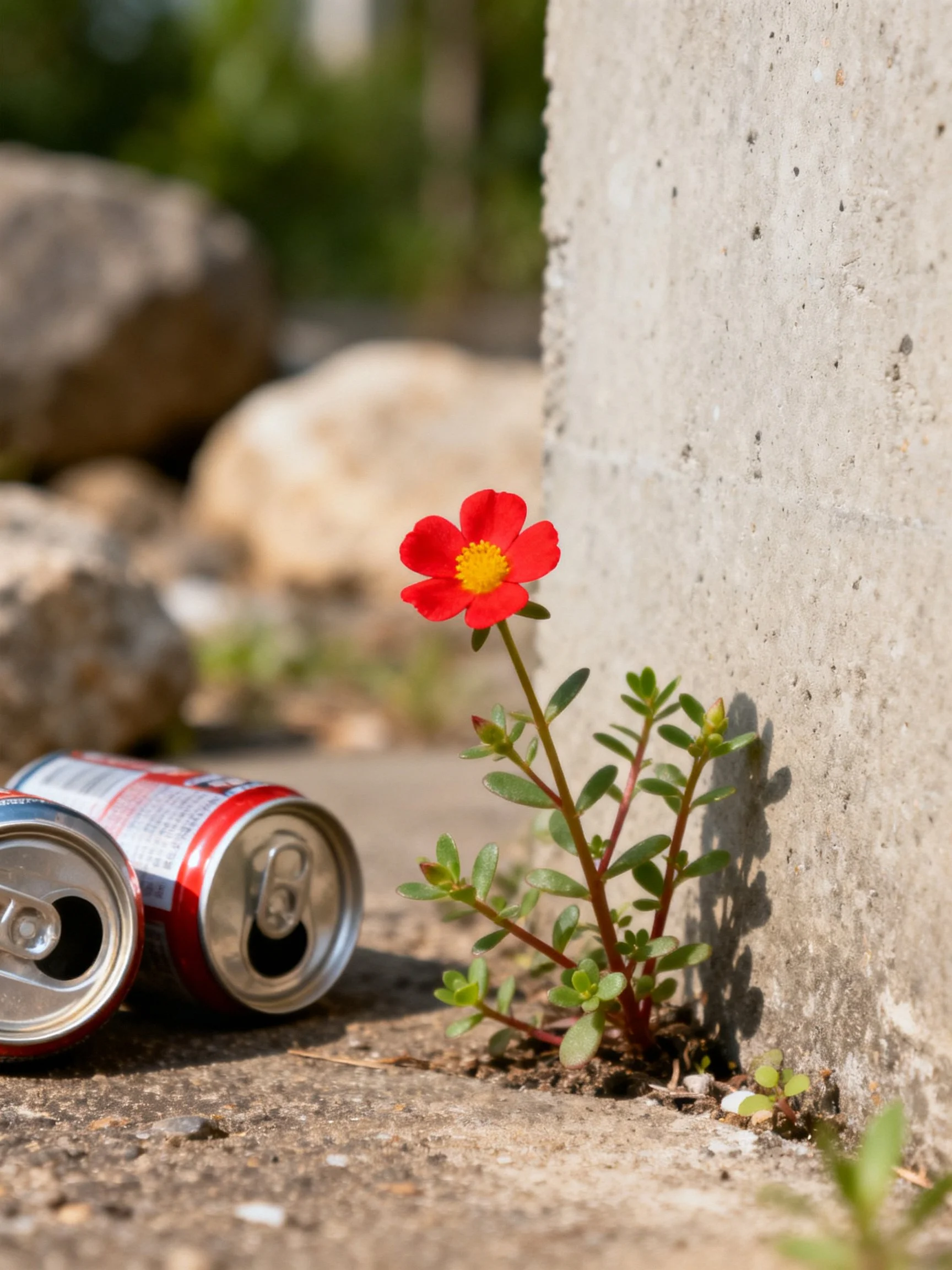 A bright red flower near a concrete wall with two aluminum cans