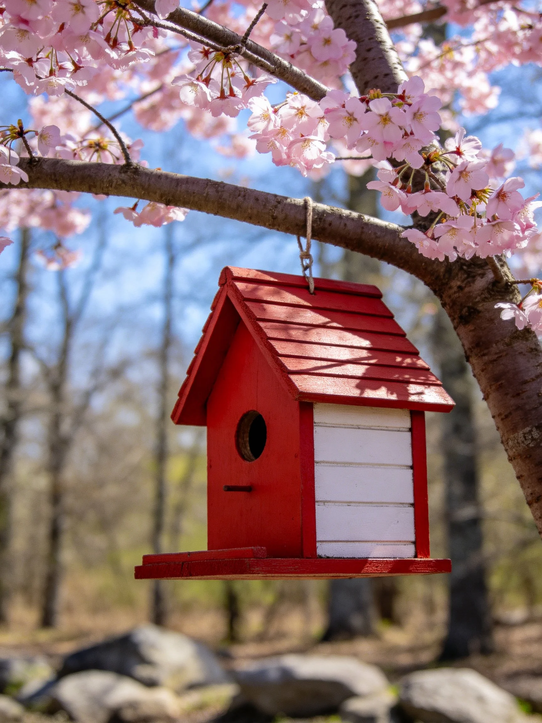 A bright redbirdhouse hangs from a cherry blossom-laden branch