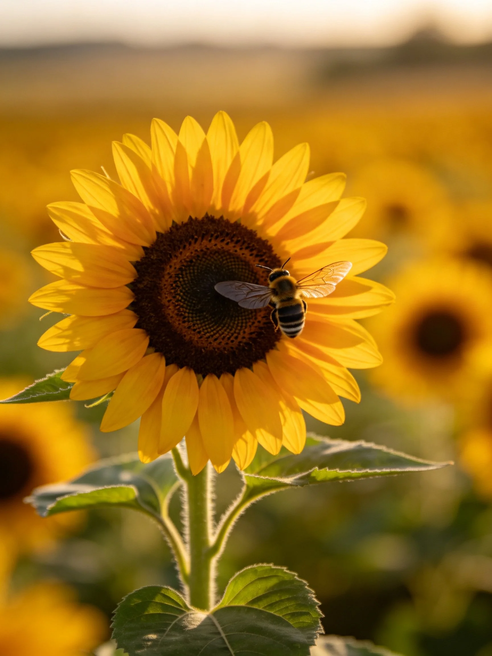 A bright sunflower with a bee in a field of yellow flowers