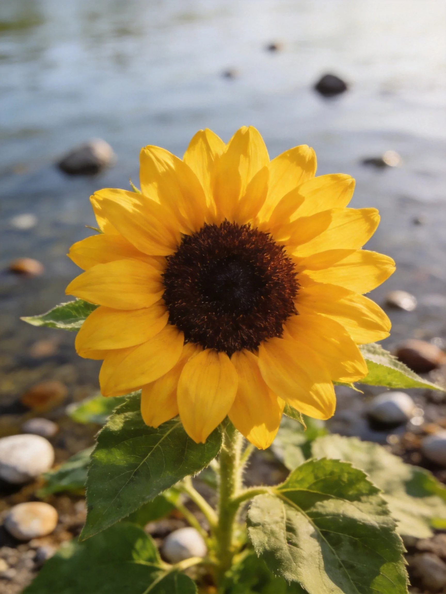 A bright sunflower with golden petals by a rocky waterfront