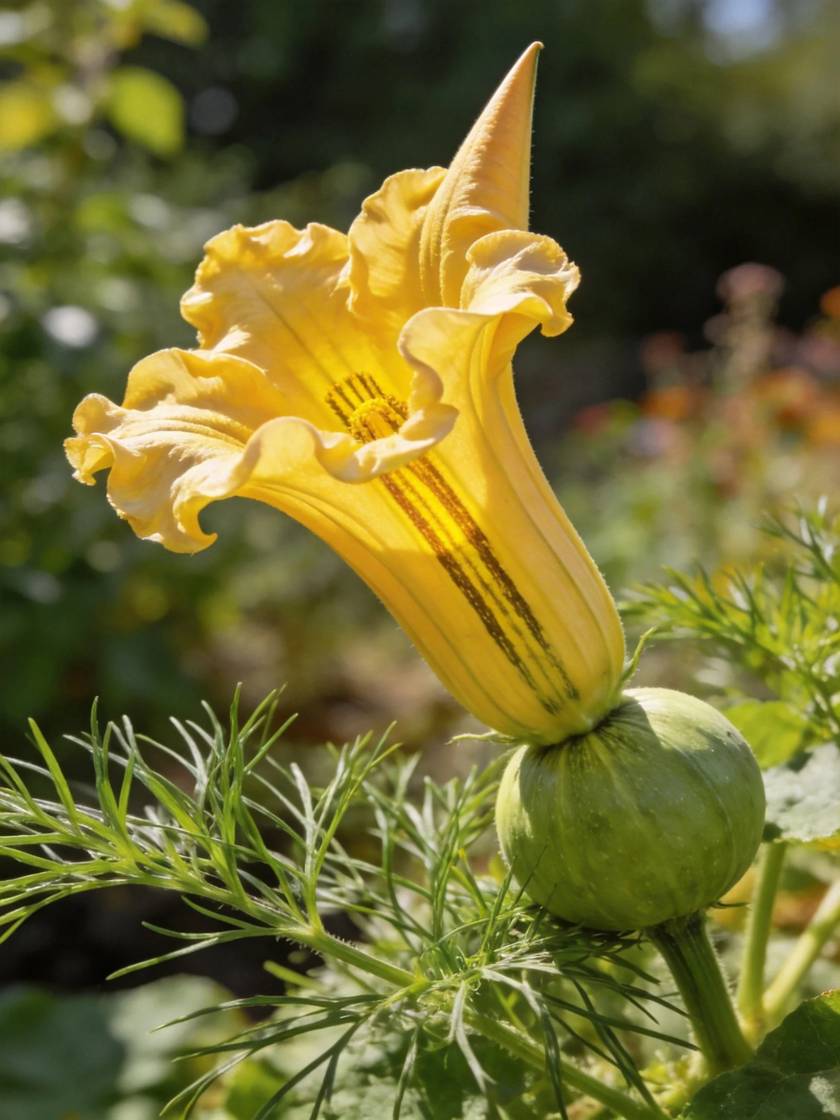 A bright yellow bell - shaped flower with ruffled petals near a green bud