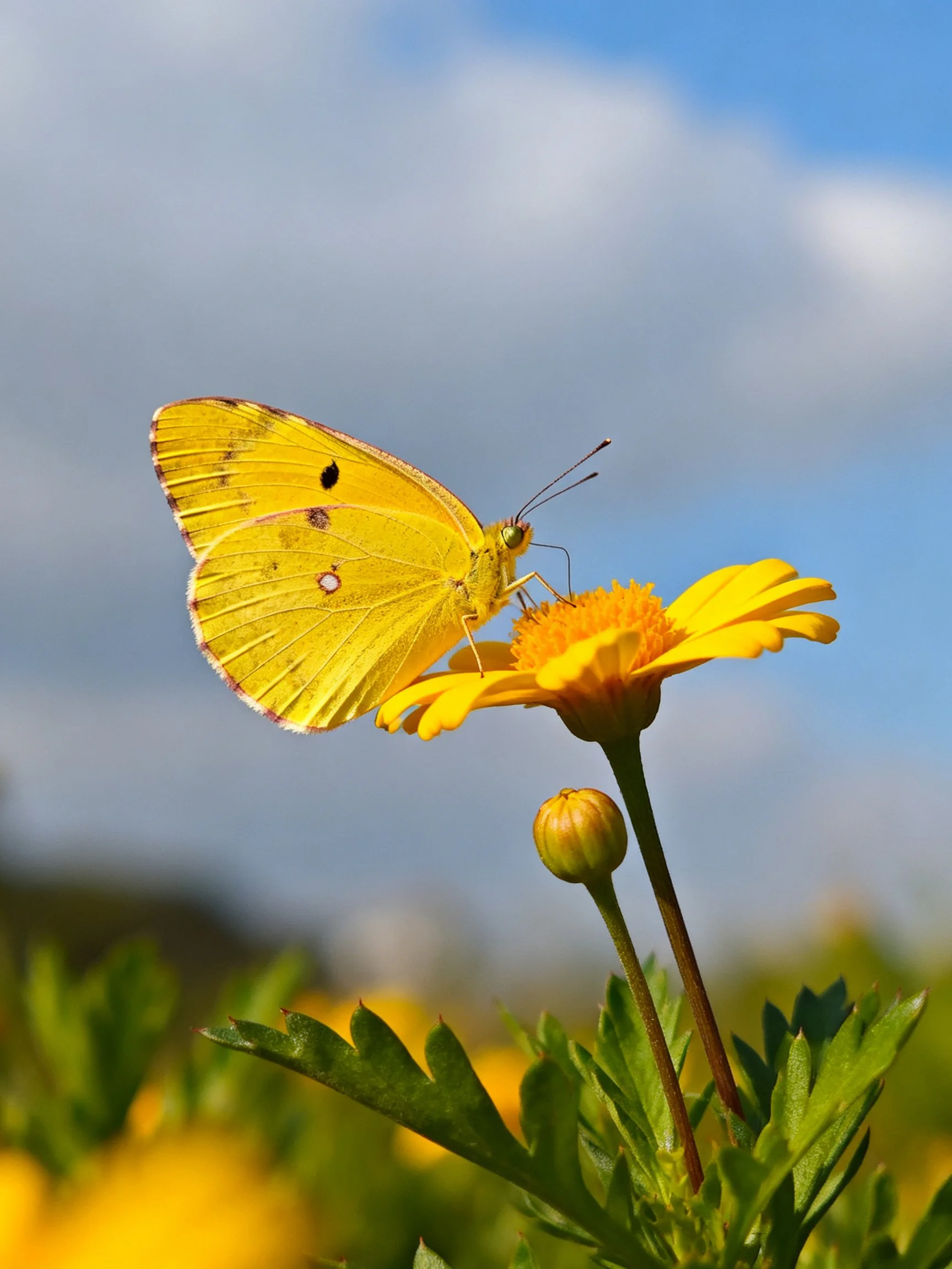 A bright yellow butterfly perched on a vibrant yellow flower