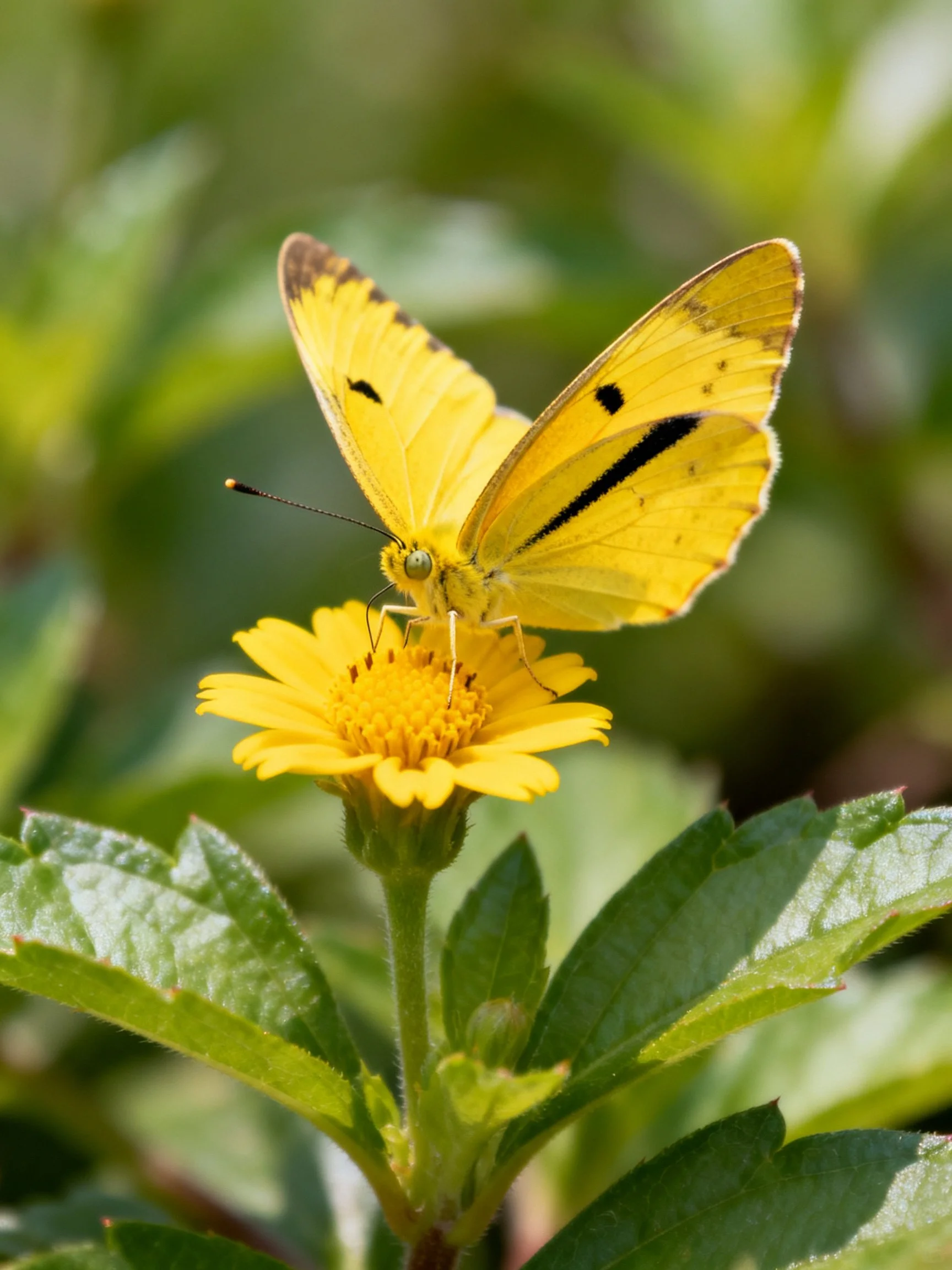 A bright yellow butterfly perched on a vibrant yellow flower