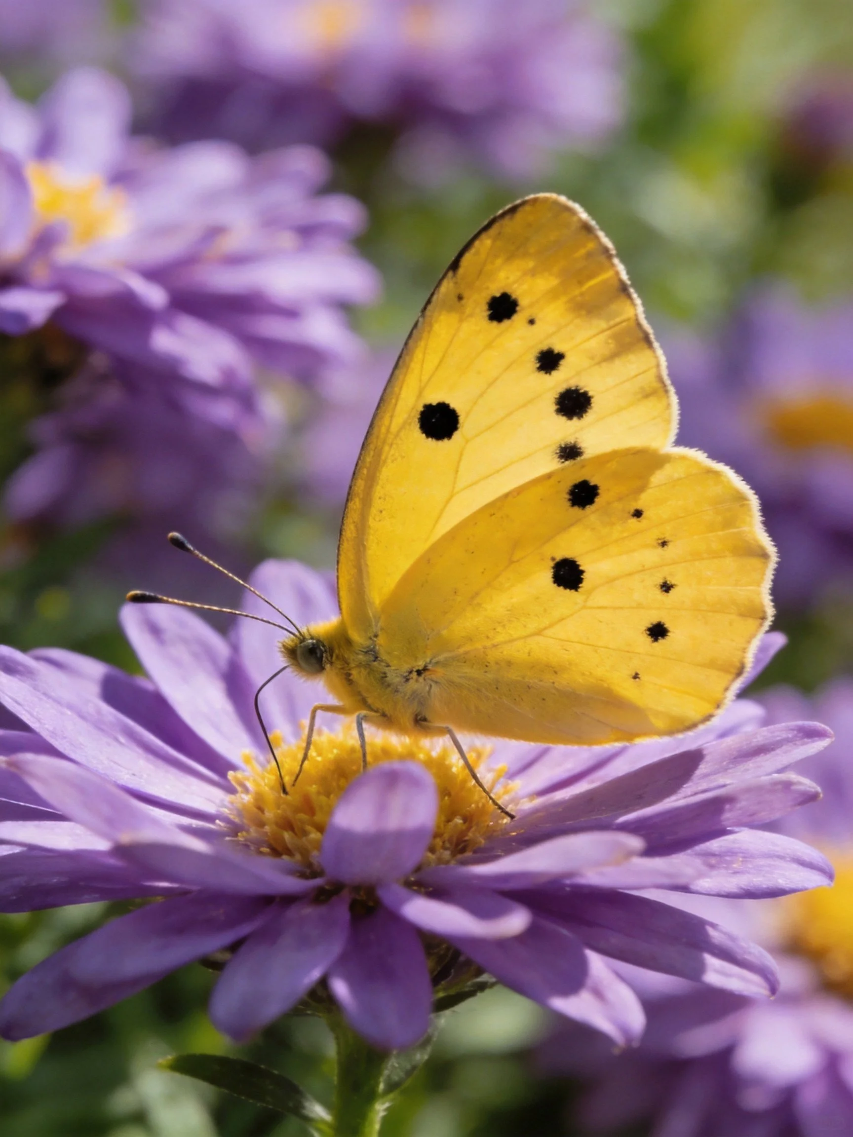 A yellow butterfly with black spots rests on vibrant purple aster blooms.