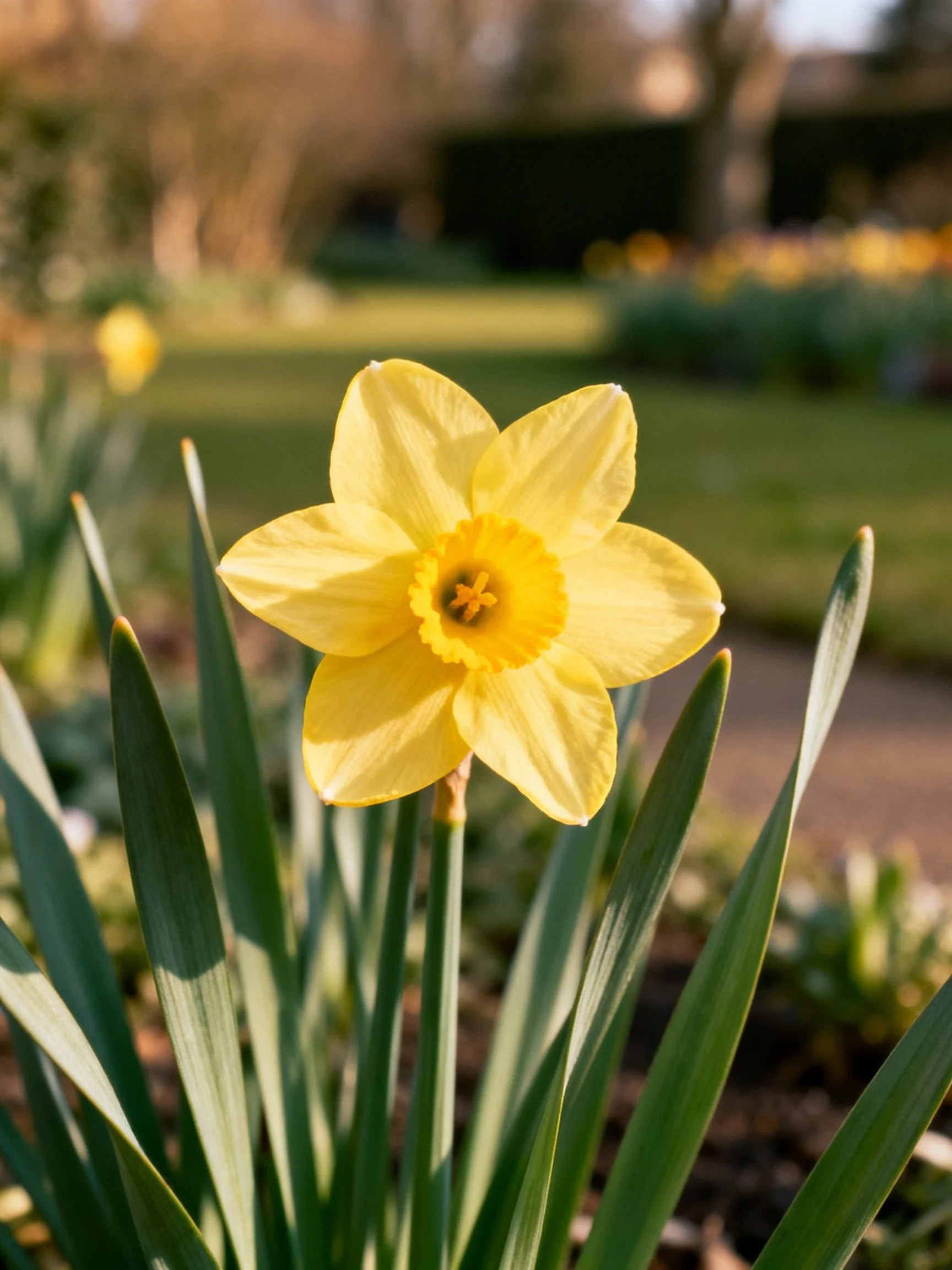 A bright yellow daffodil blooms amid green foliage