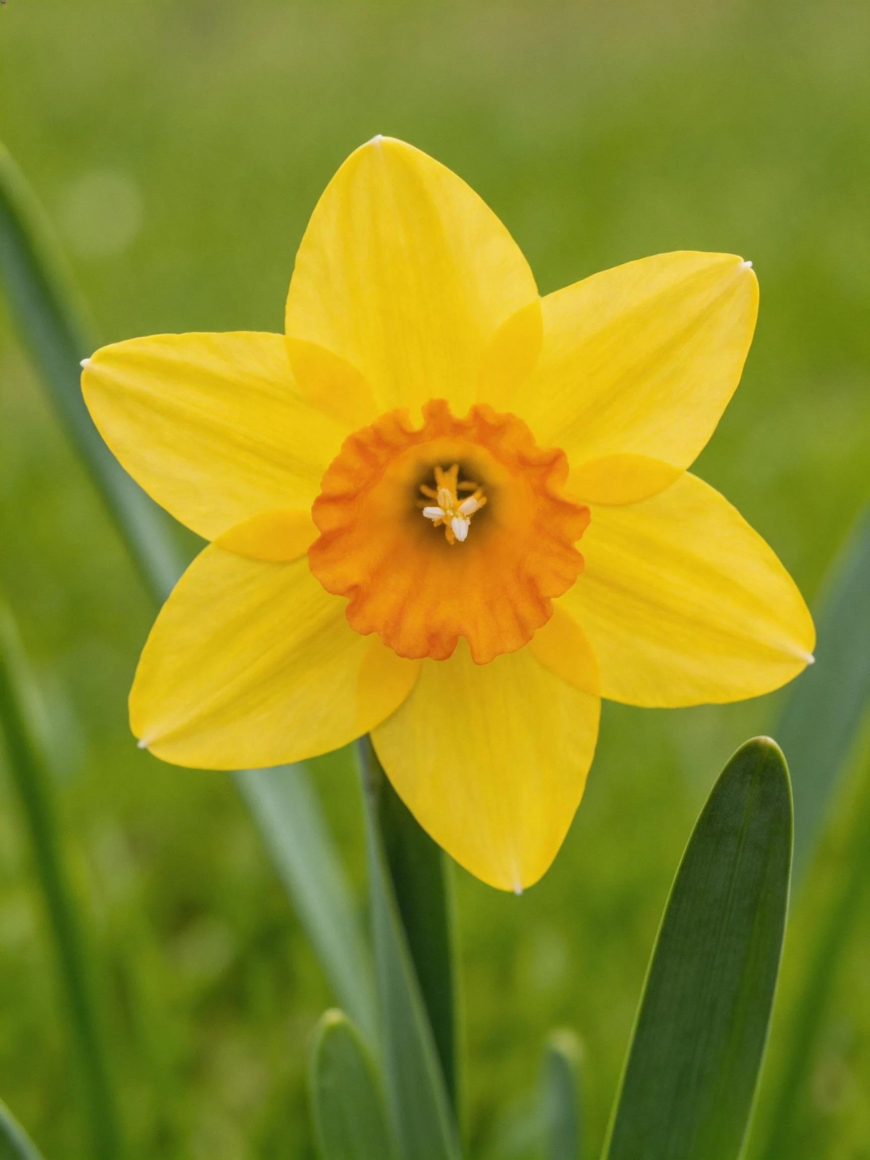 A bright yellow daffodil with an orange central corona