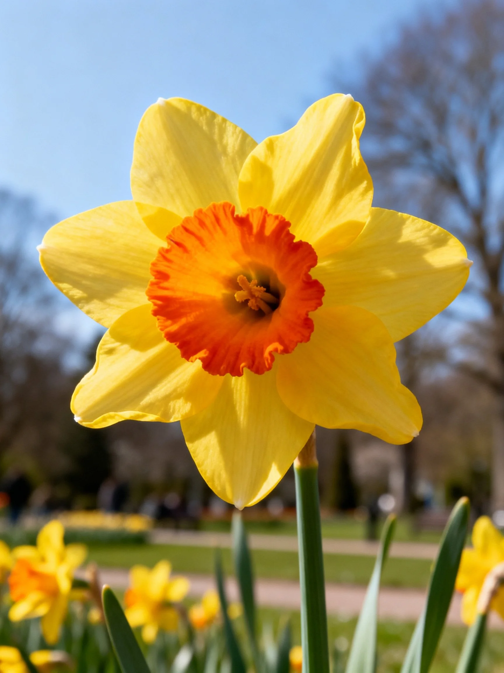A bright yellow daffodil with orange central corona in a sunny park
