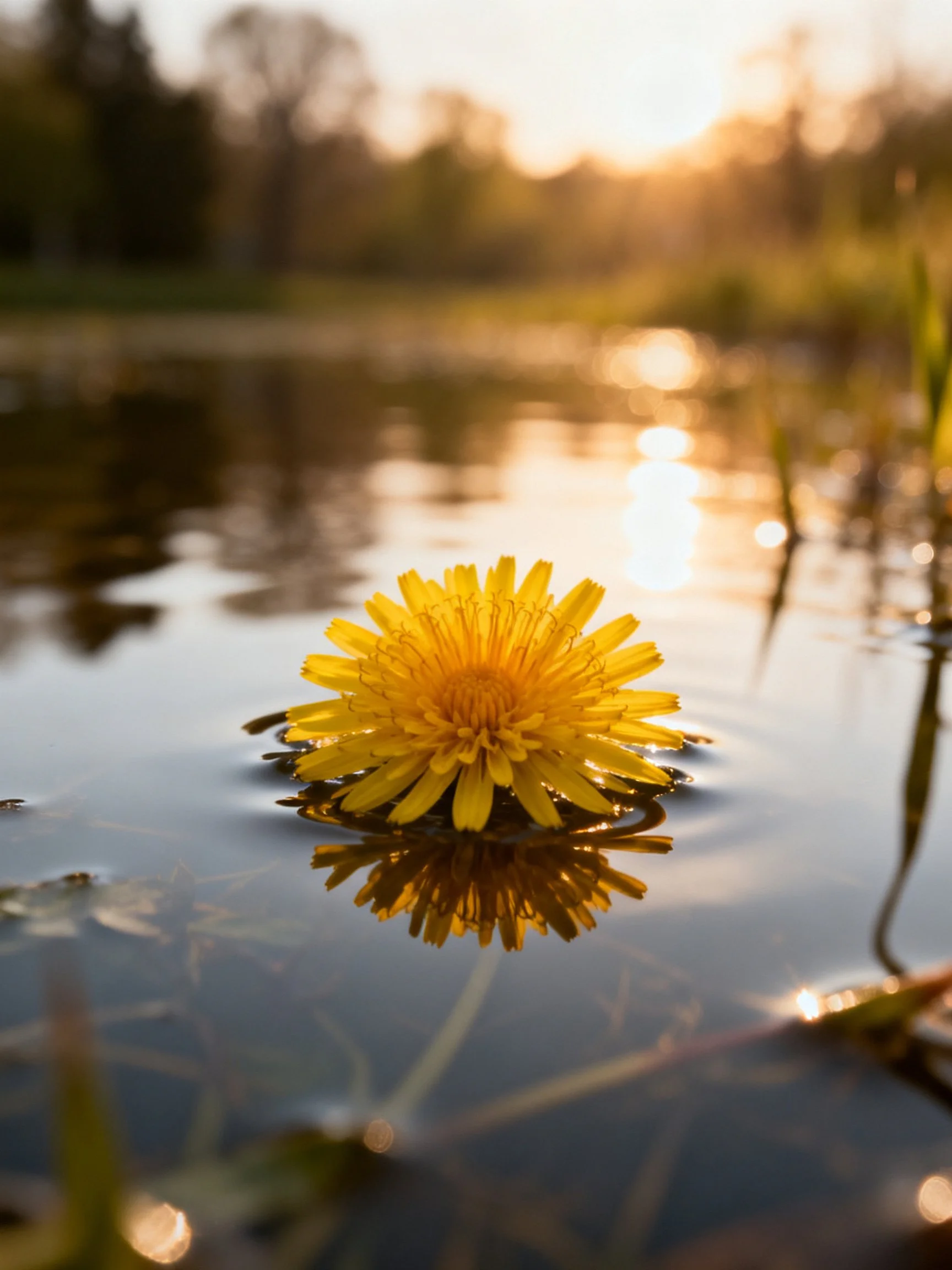A bright yellow dandelion floats on calm water at golden hour