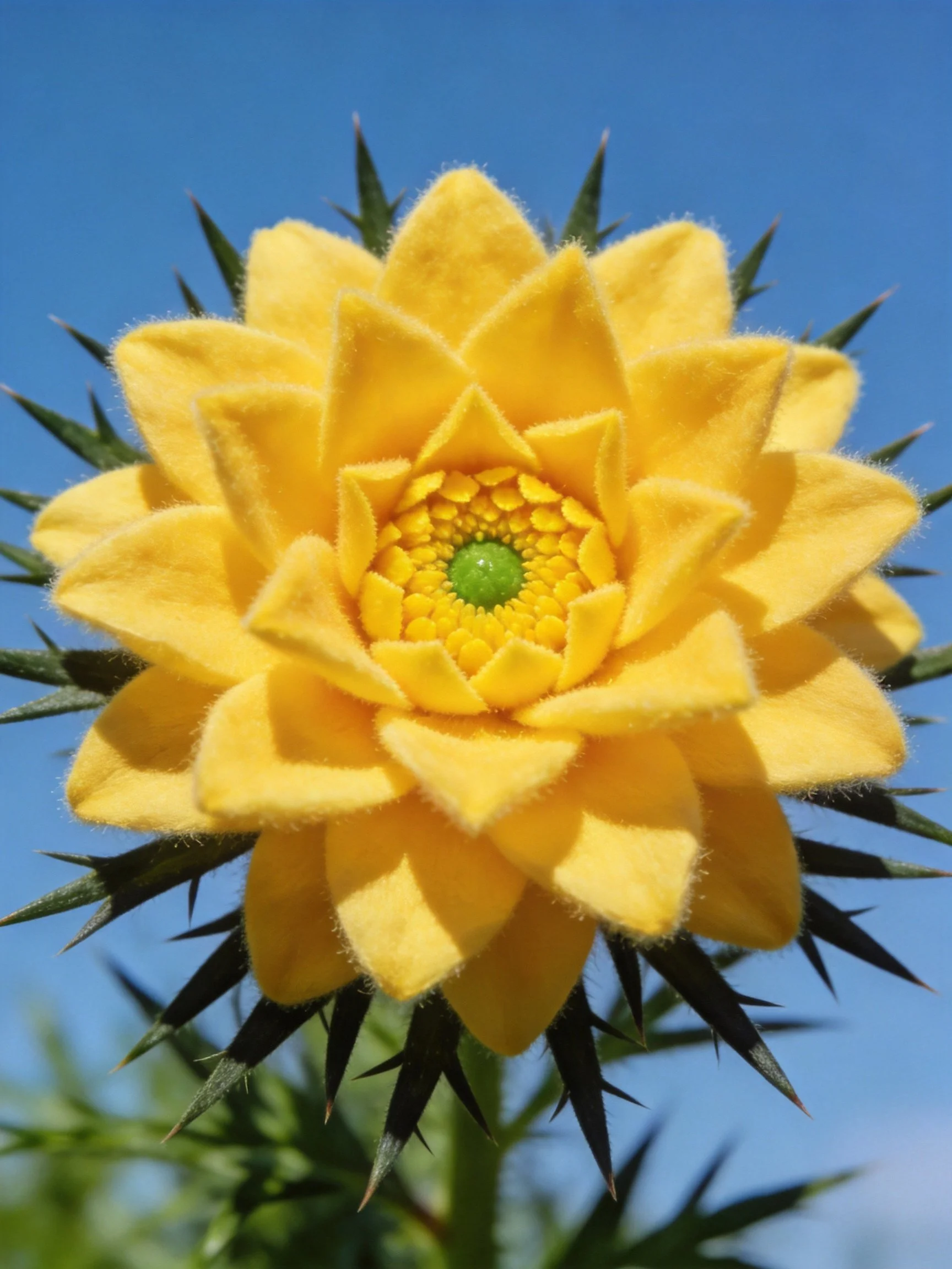 A bright yellow felt flower with dark green spiky leaves