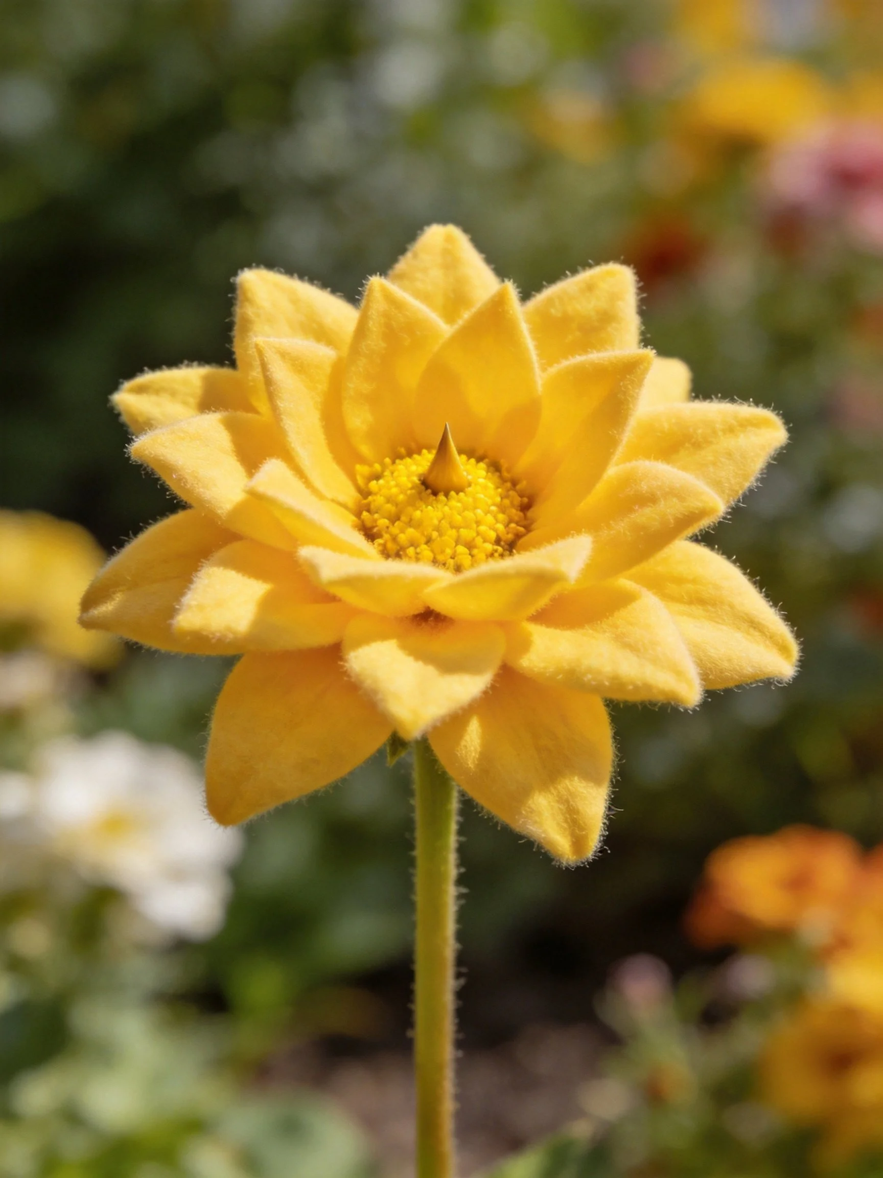 A bright yellow felt flower with layered petals