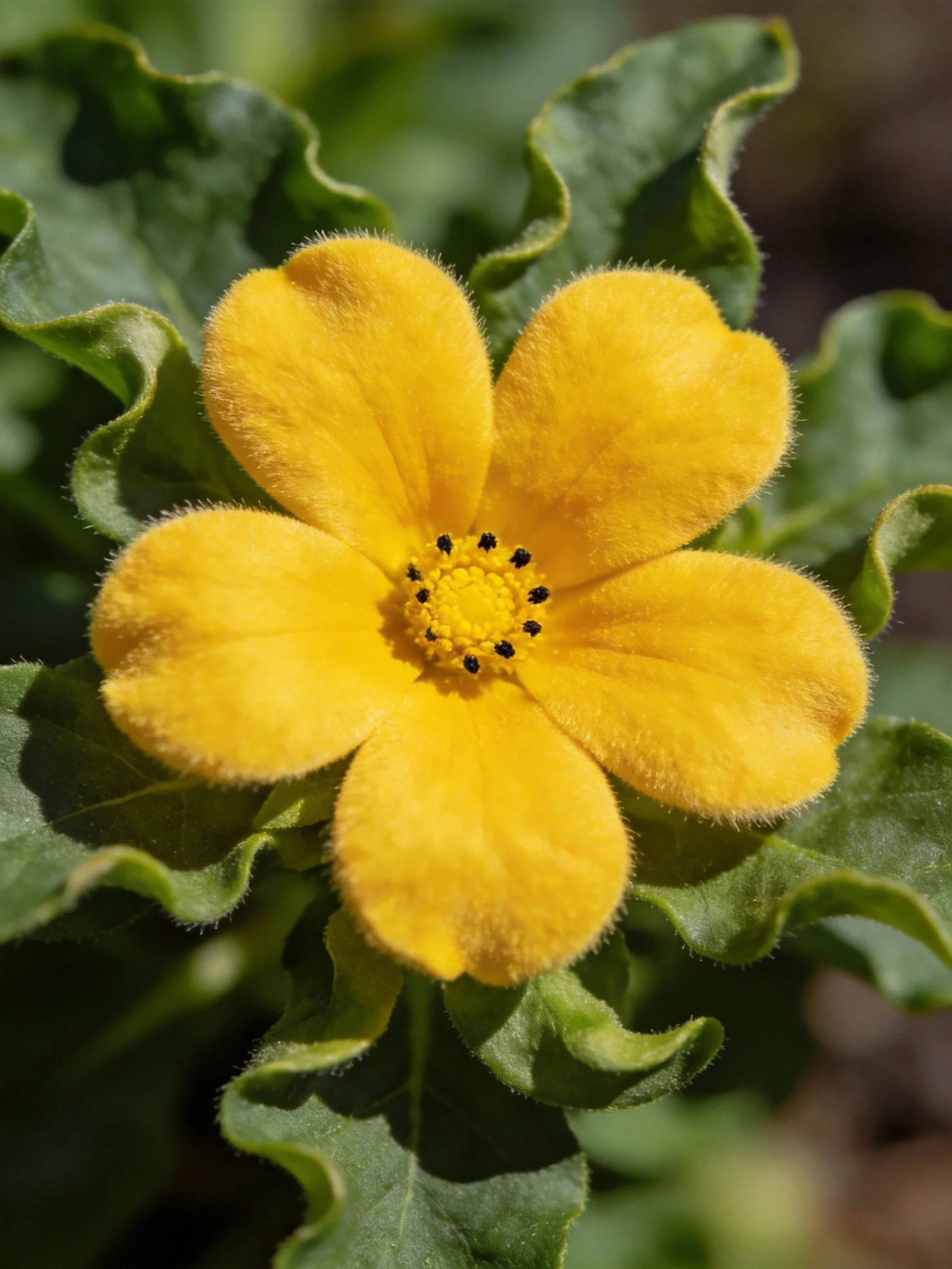 A bright yellow five - petaled flower amid green foliage