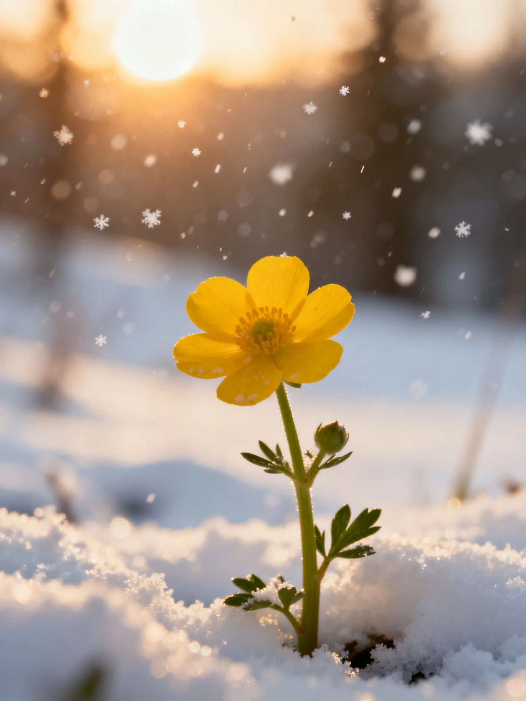 A vibrant yellow flower stands out amid snow and falling snowflakes under a sunny sky.