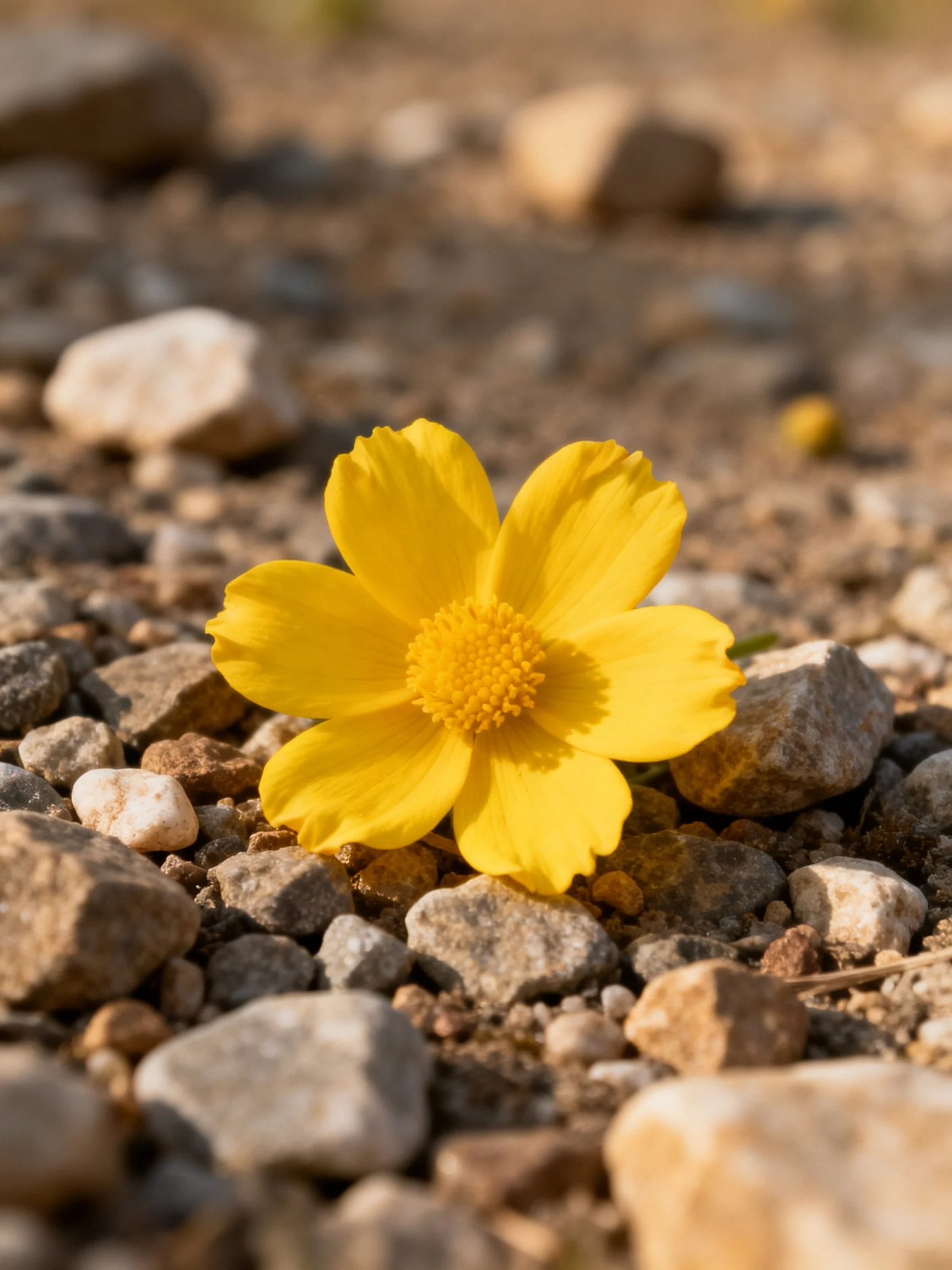 A bright yellow flower lies among small rocks on gravel