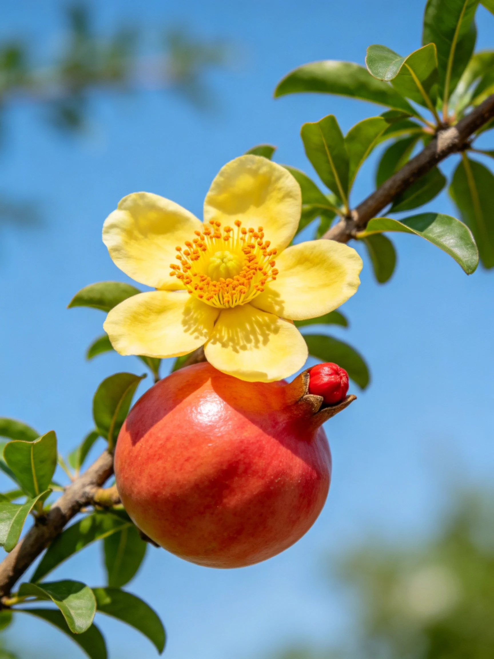 A bright yellow flower rests above a glossy red pomegranate on a leafy branch.