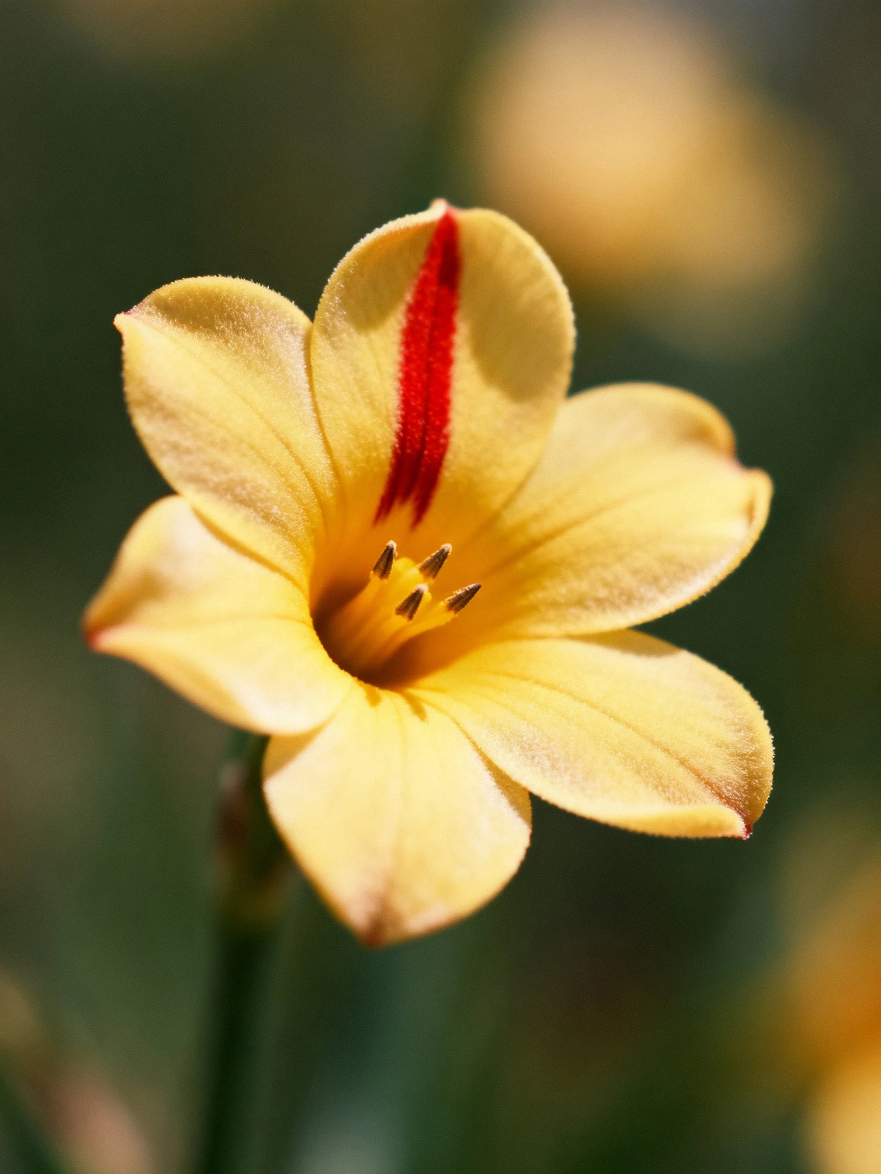 A bright yellow flower with a bold red stripe, set against a soft green blur.