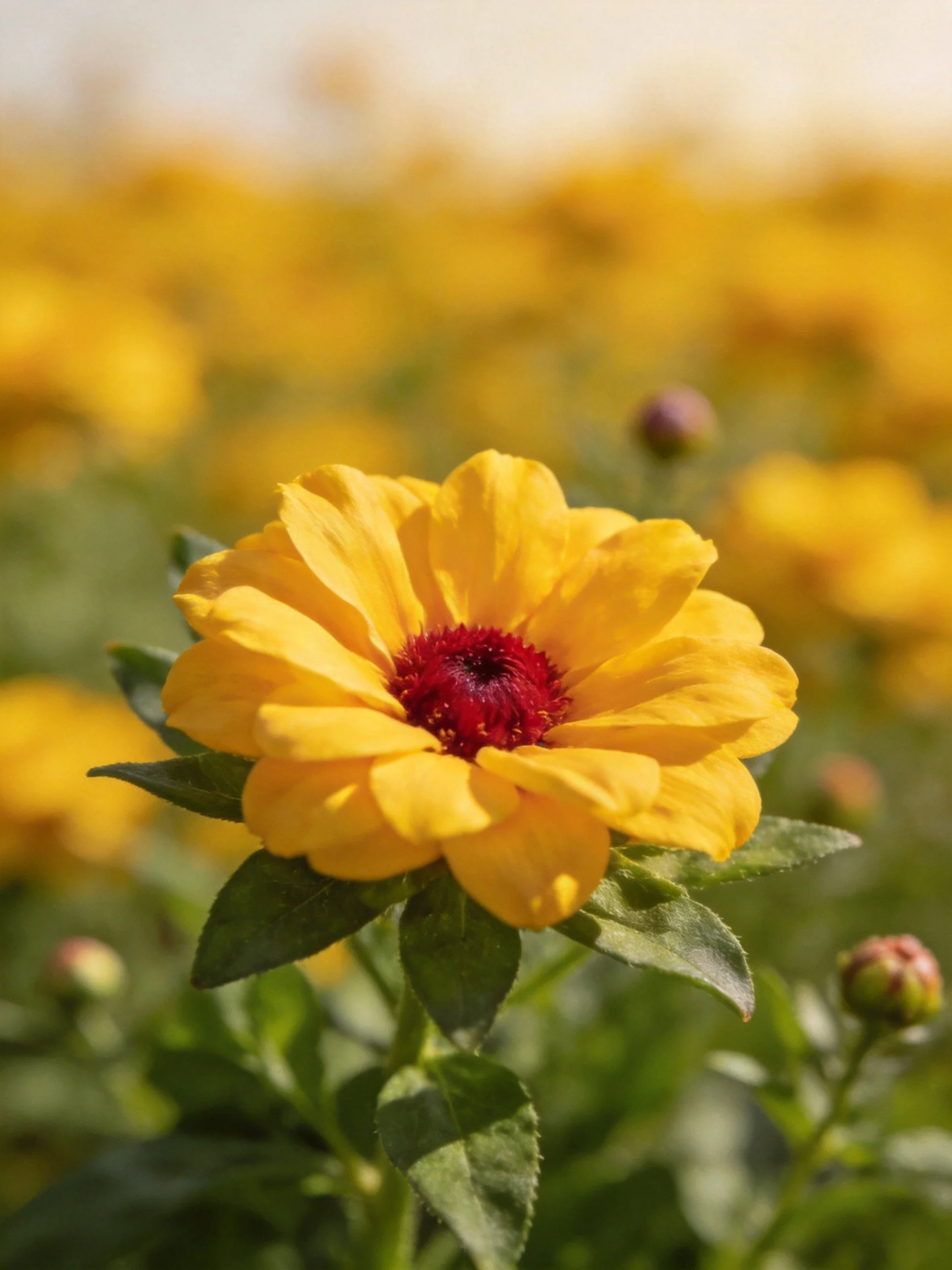 A bright yellow flower with a deep red center amid green foliage and blurred blooms