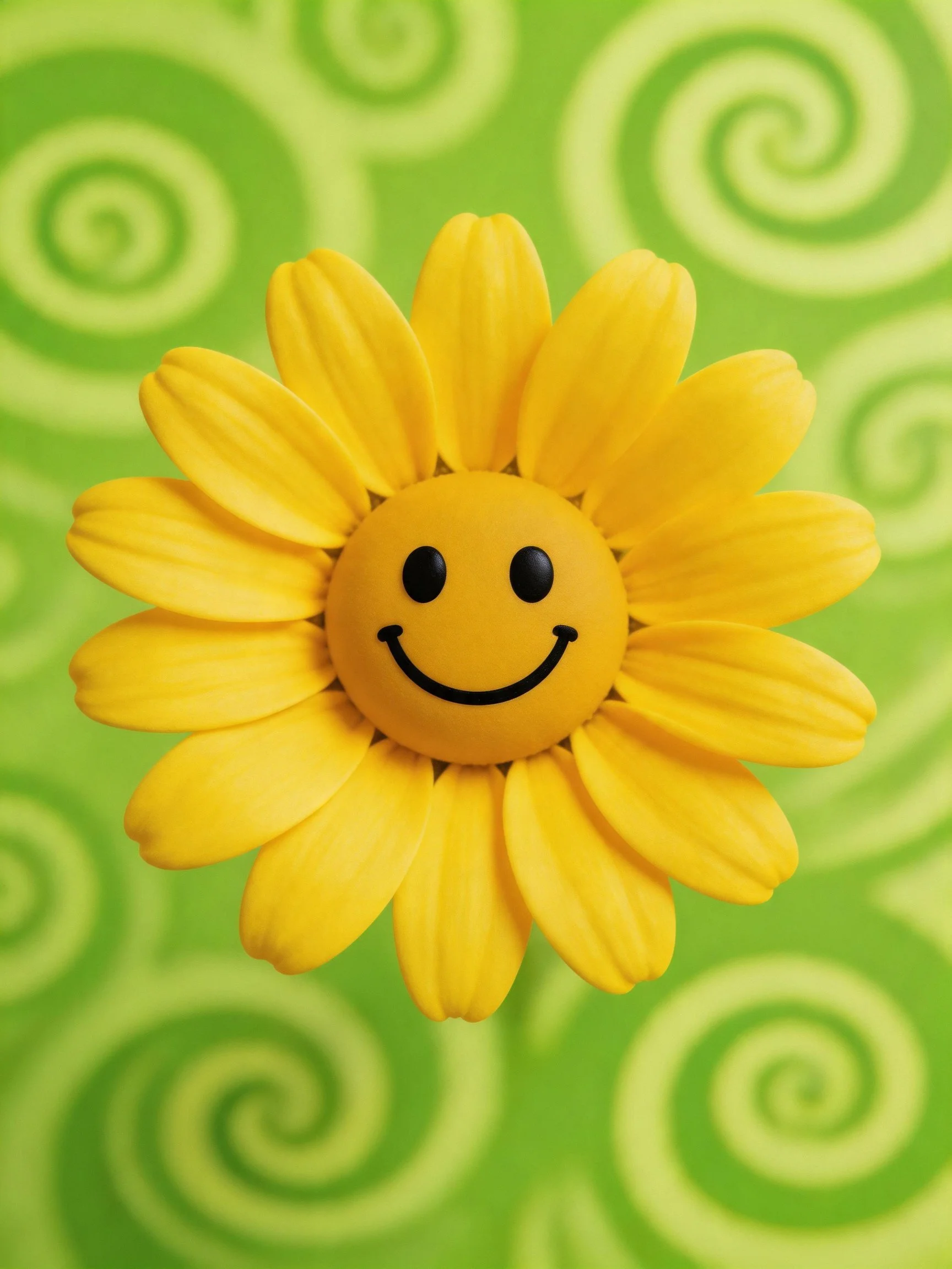 A bright yellow flower with a smiley face on a green swirled background