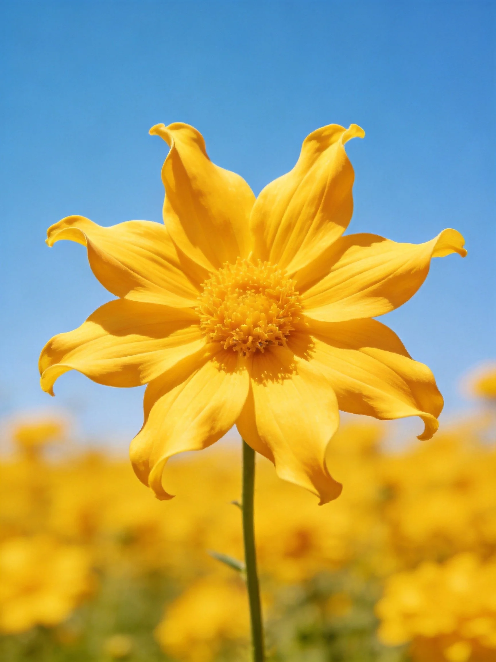A bright yellow flower with curled petals stands out against a clear blue sky