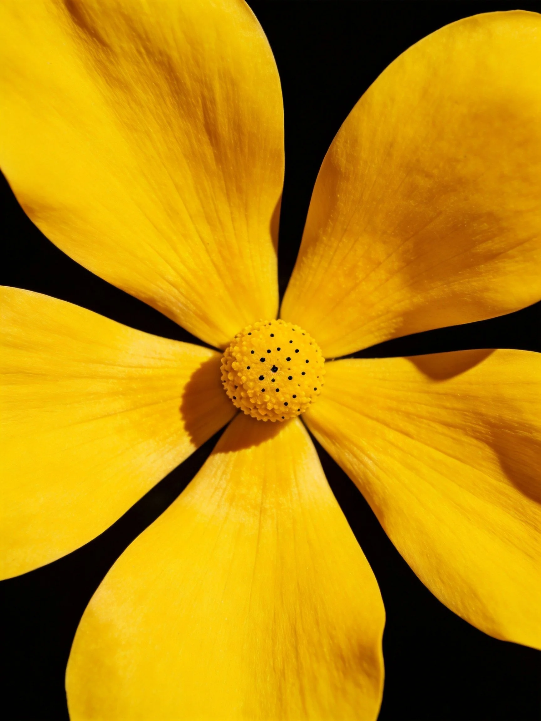 A bright yellow flower with five broad petals and a dotted center