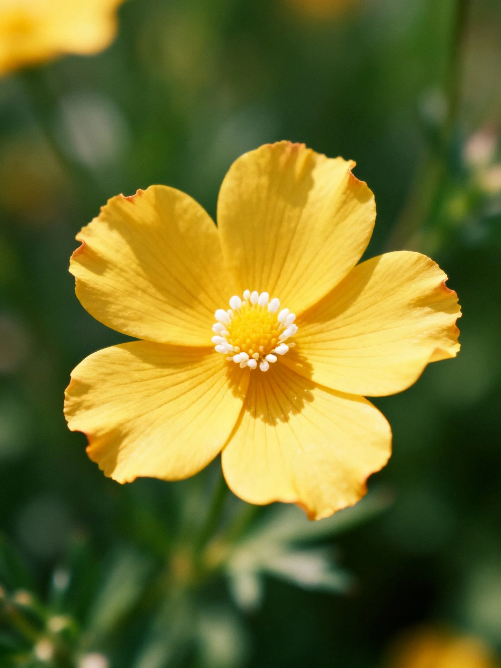 A bright yellow flower with five petals against a blurred green background