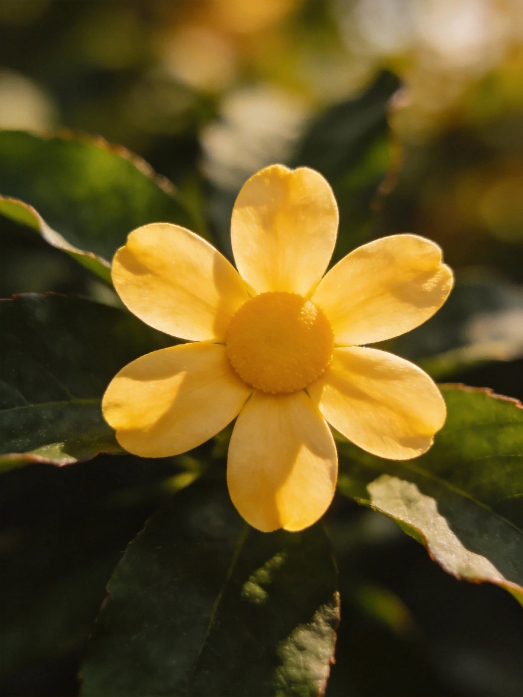 A bright yellow flower with five petals amidst dark green foliage