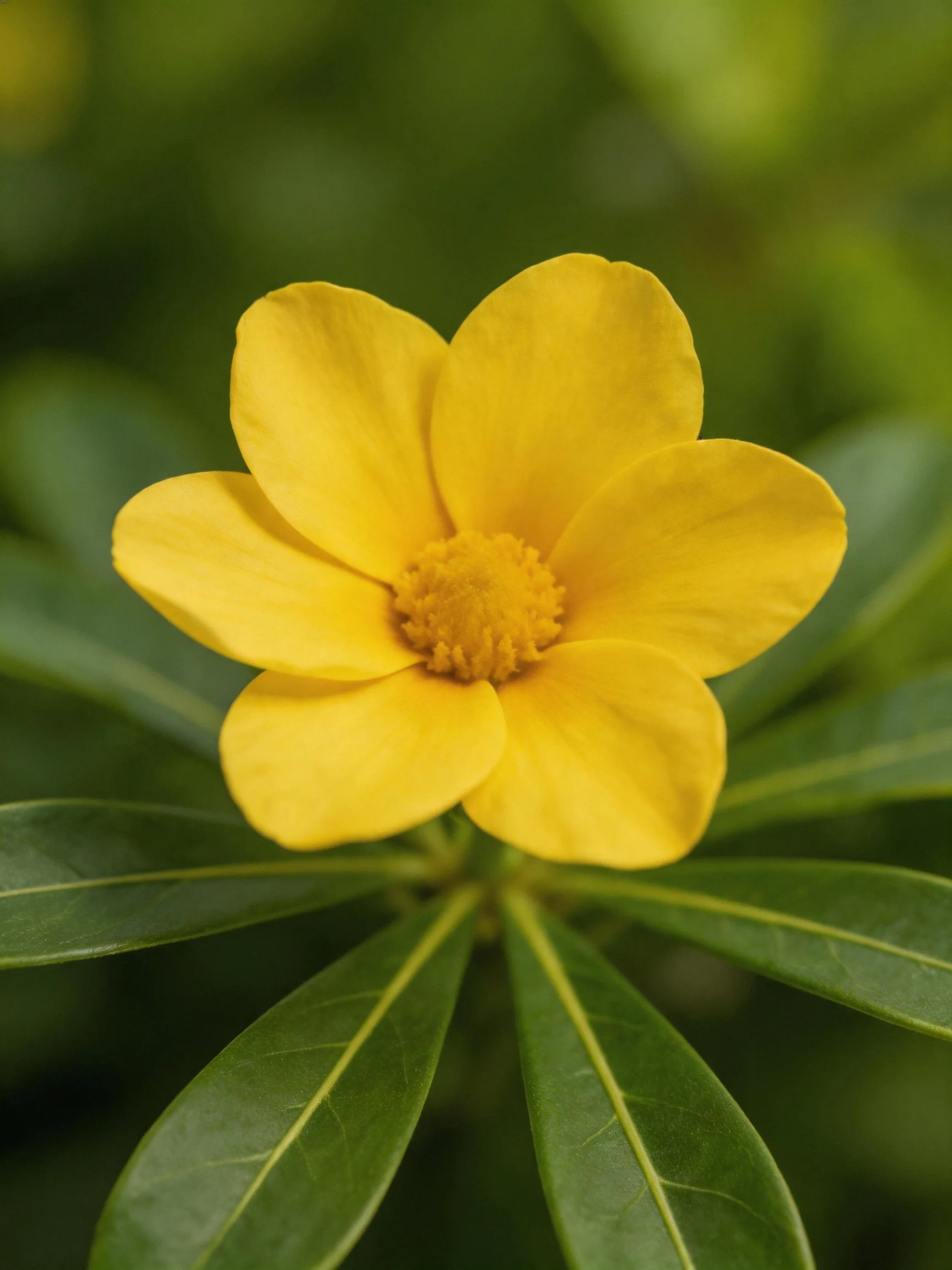 A bright yellow flower with five petals among lush green leaves