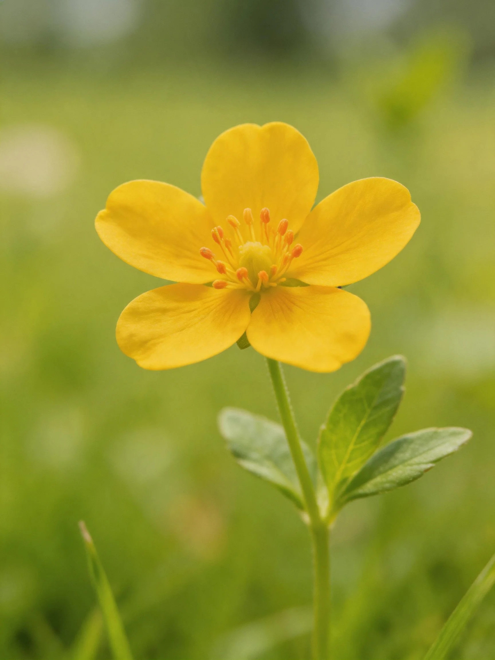 A bright yellow flower with five petals in a green landscape