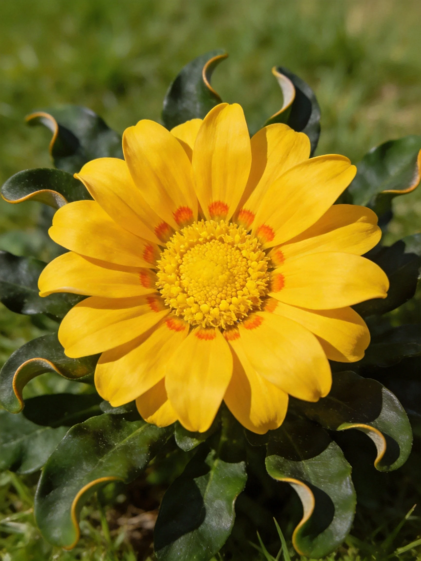 A bright yellow flower with orange accents and dark green curled leaves