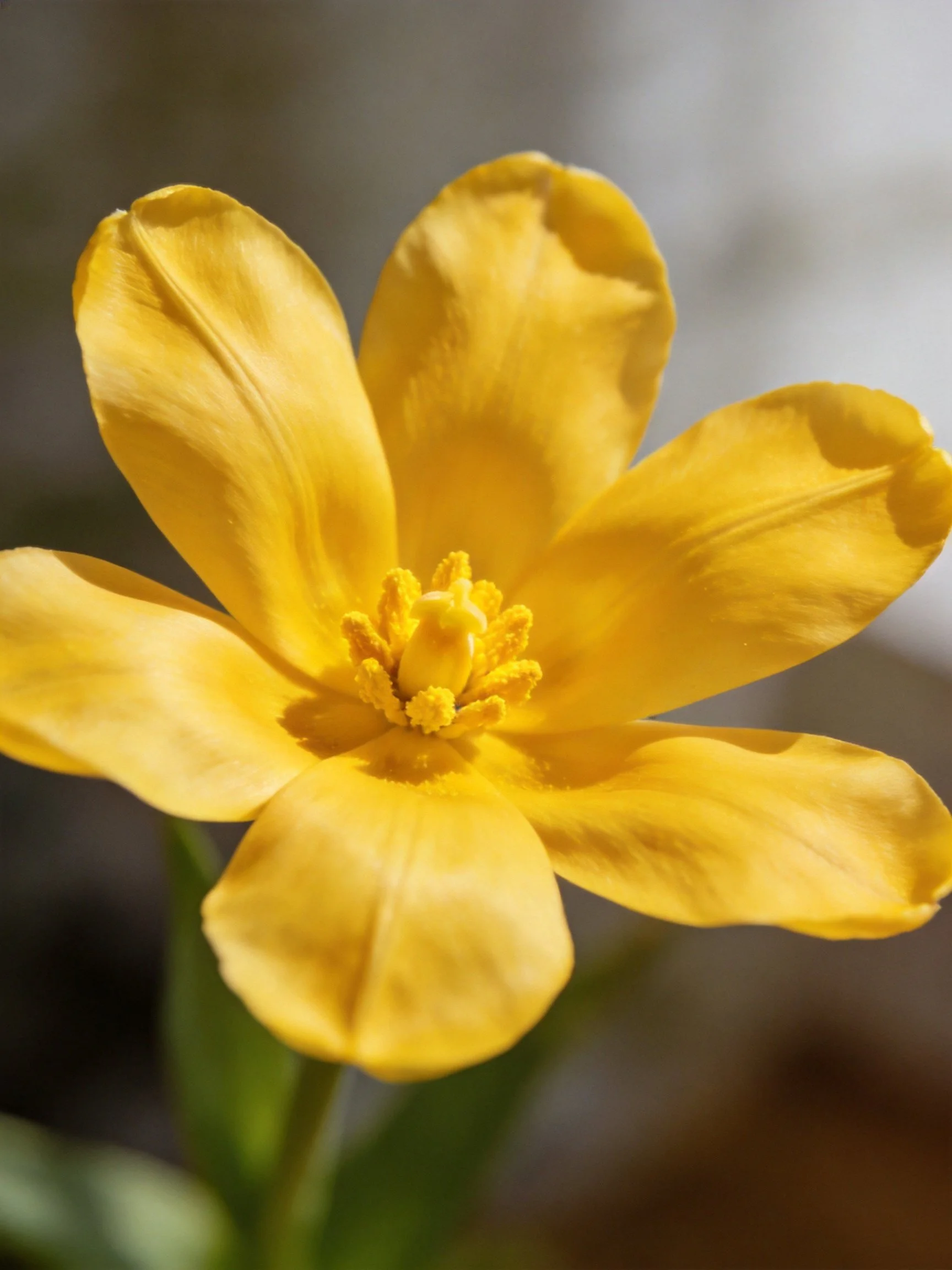 A bright yellow flower with six broad petals and a central cluster