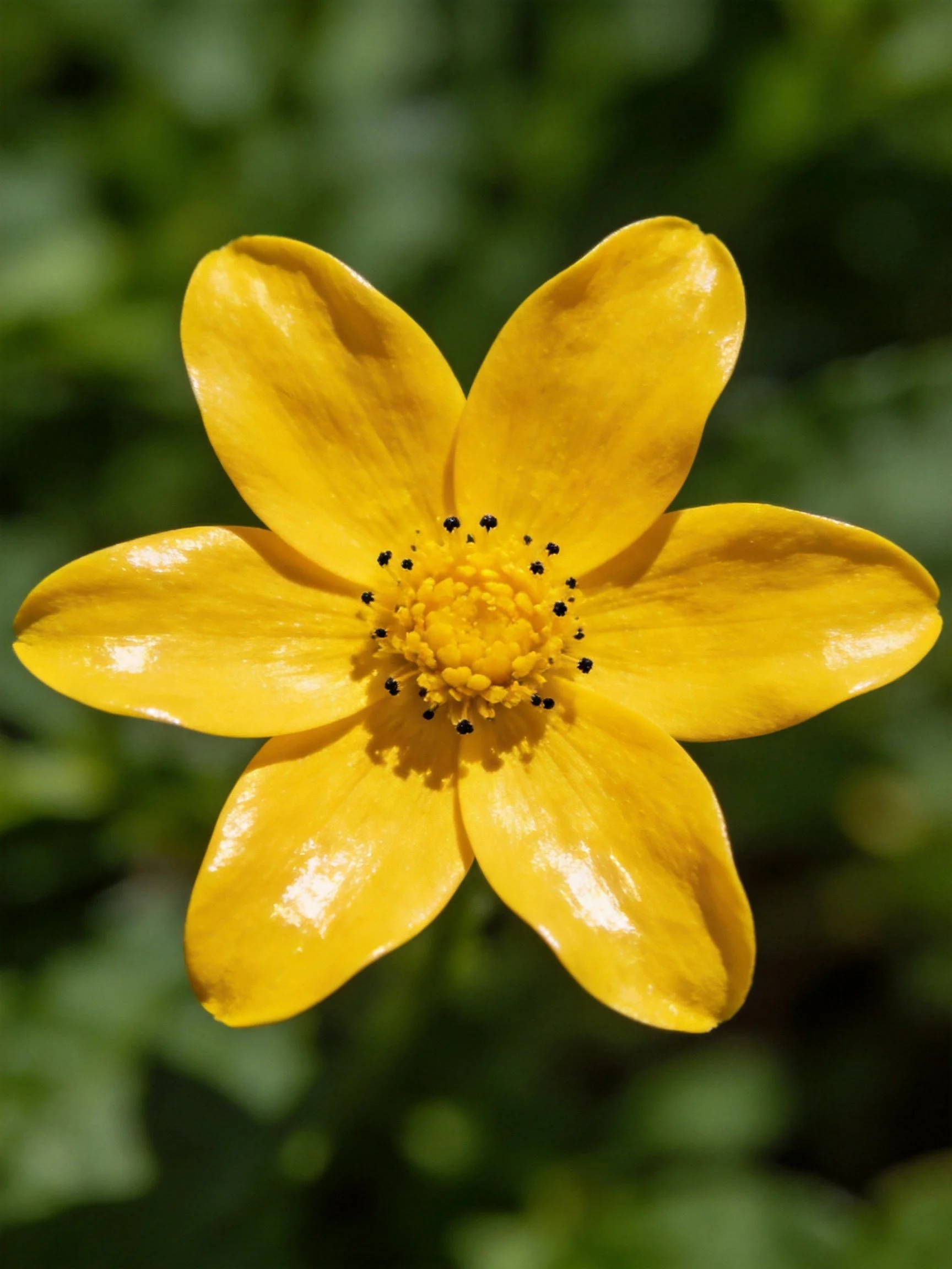 A bright yellow flower with six glossy petals