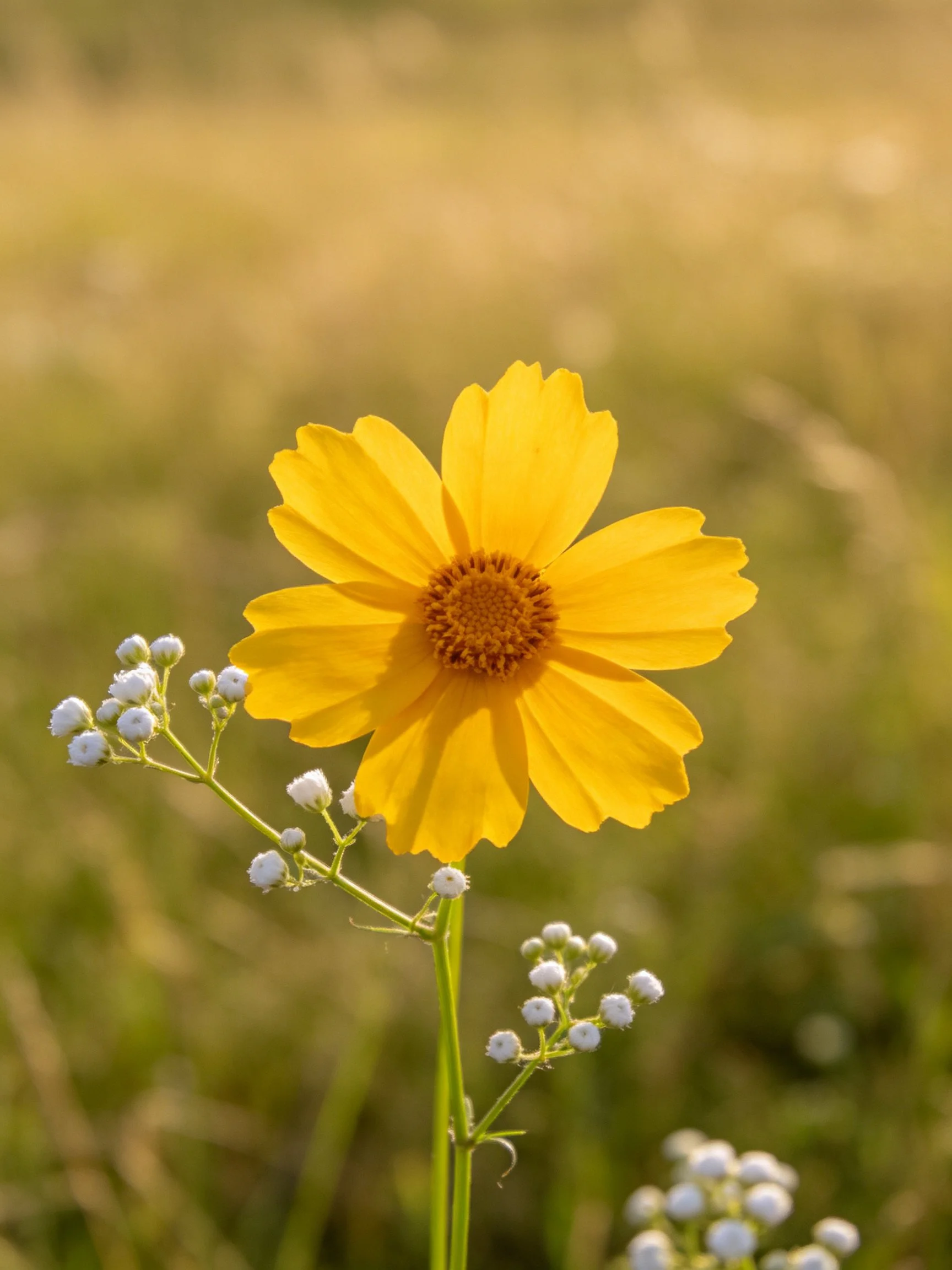 A bright yellow flower with small white buds is centered in a softly focused outdoor scene.
