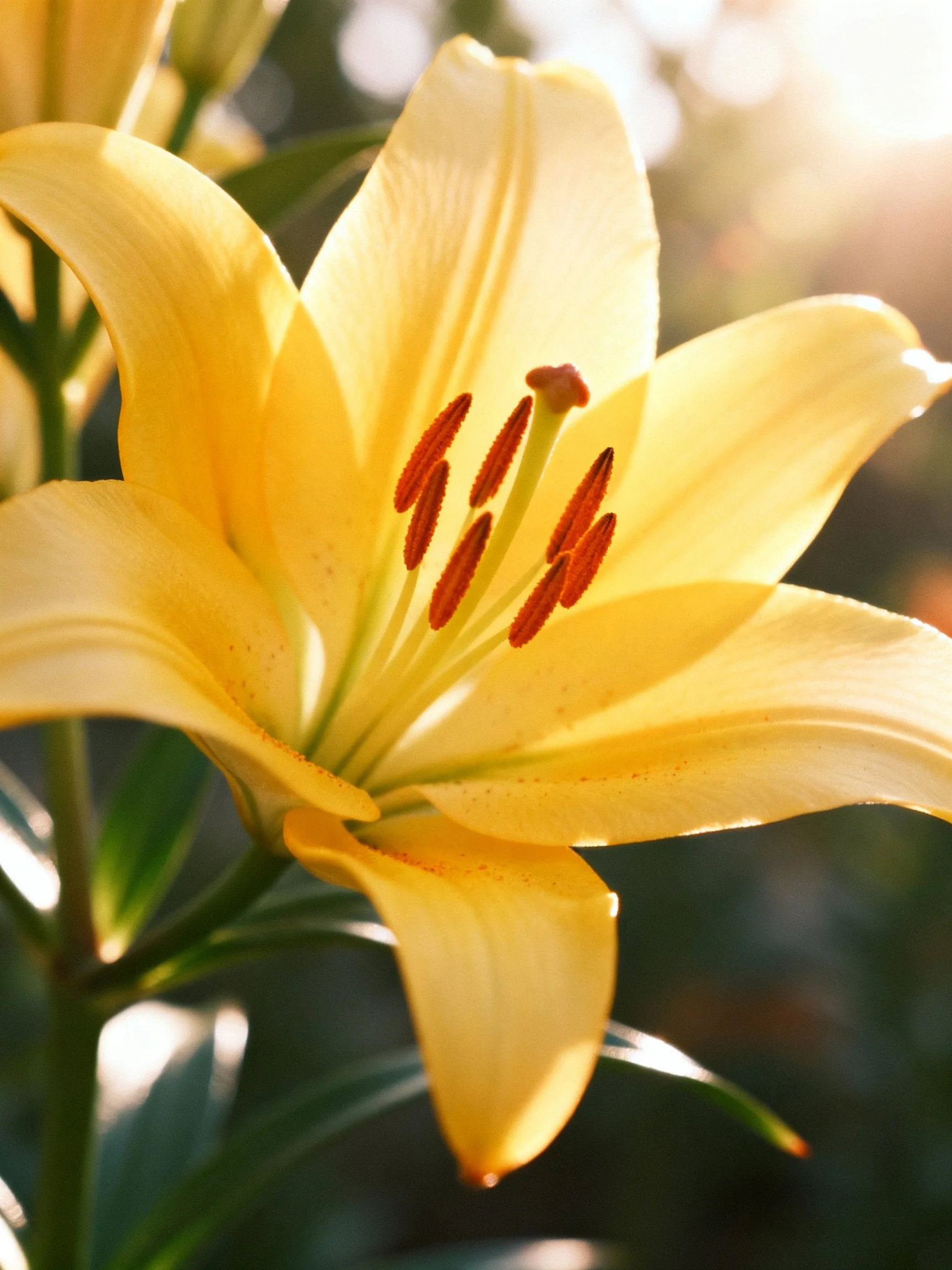 A bright yellow lily with reddish stamens in sunlight