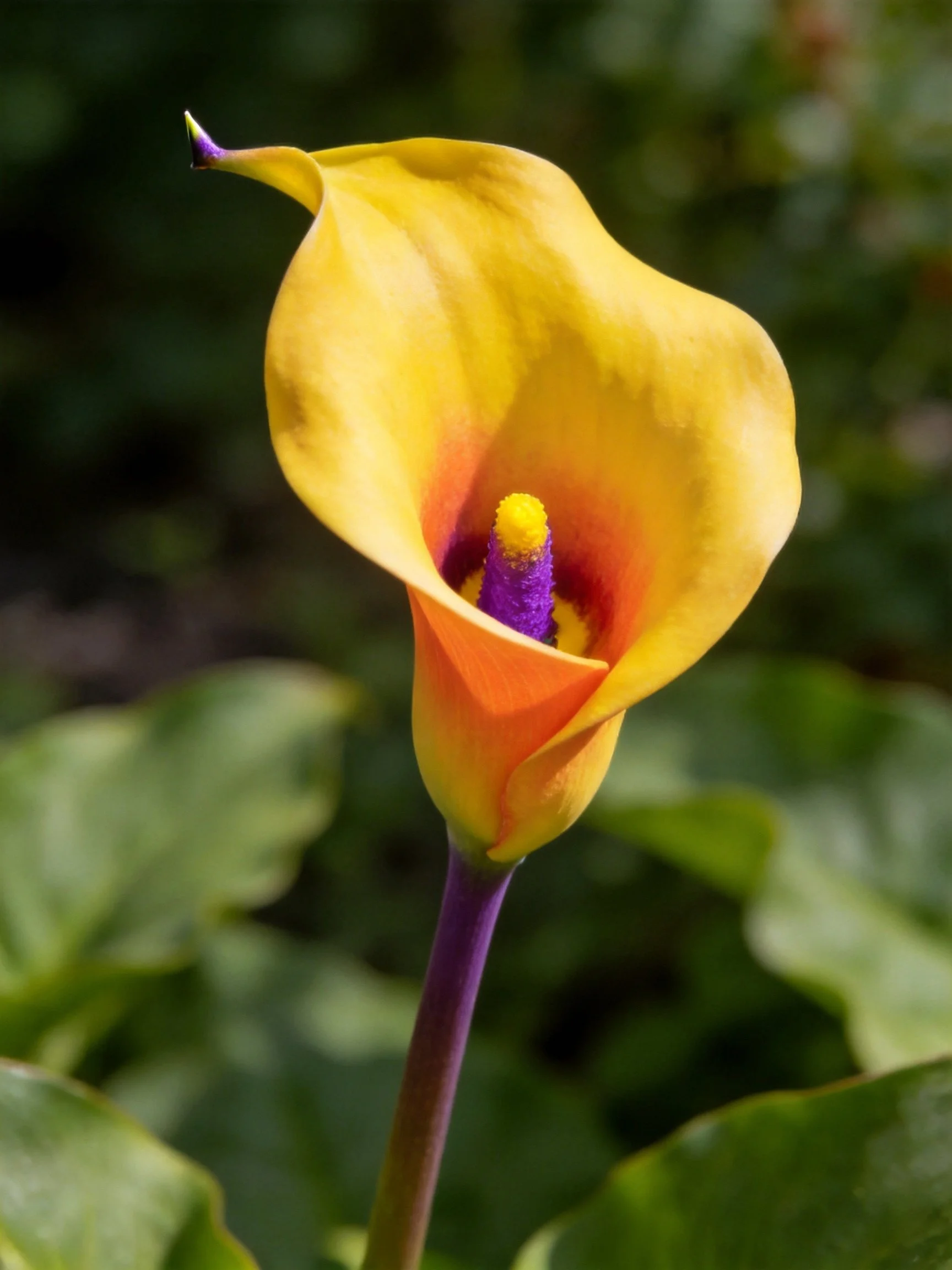 A bright yellow-orange calla lily with purple and yellow accents