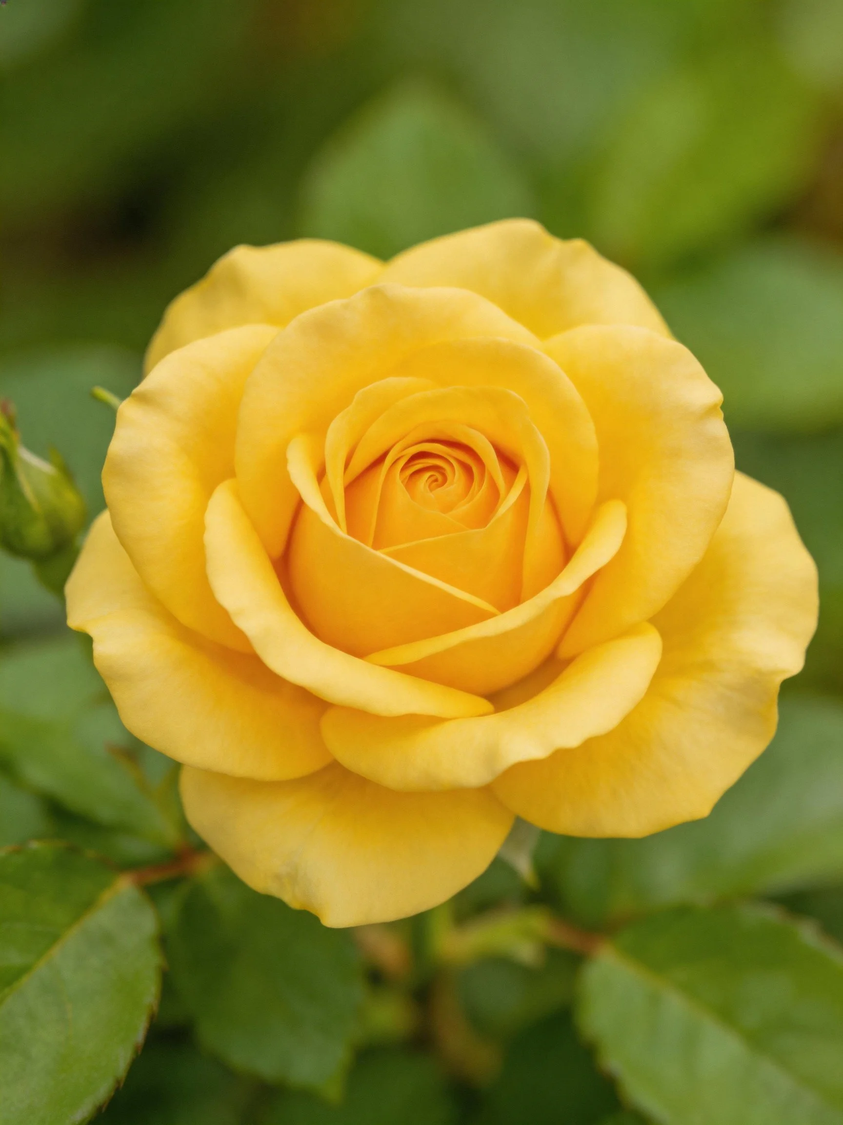 A bright yellow rose in full bloom with green foliage