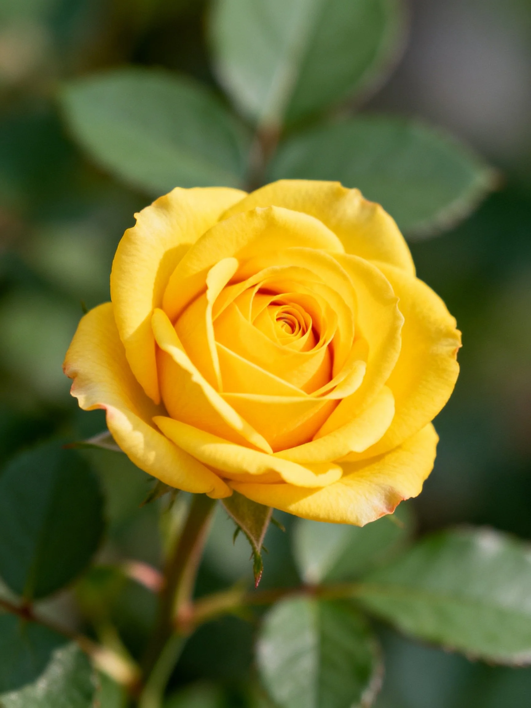 A bright yellow rose in full bloom with green foliage