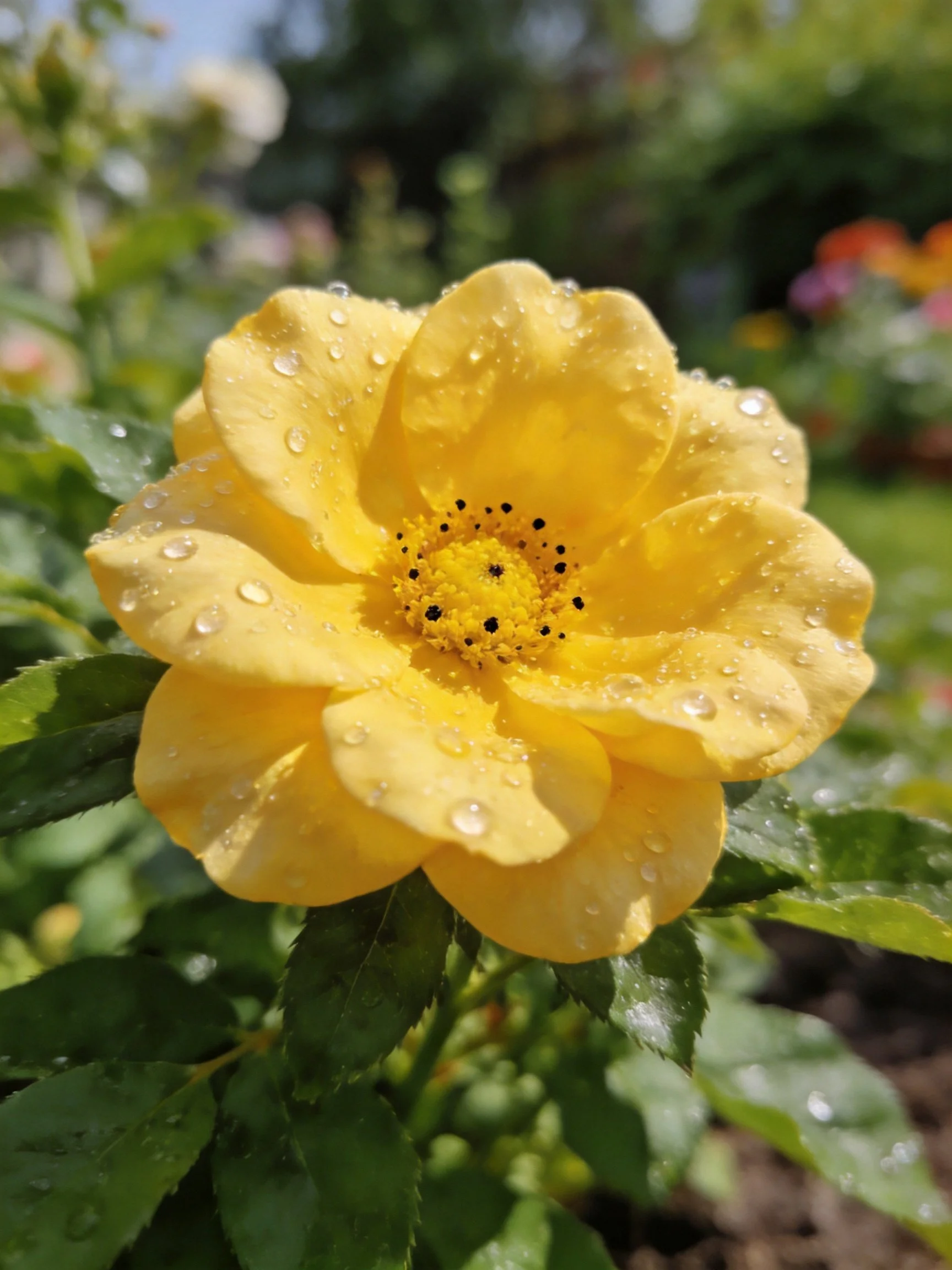 A bright yellow rose with water droplets on petals