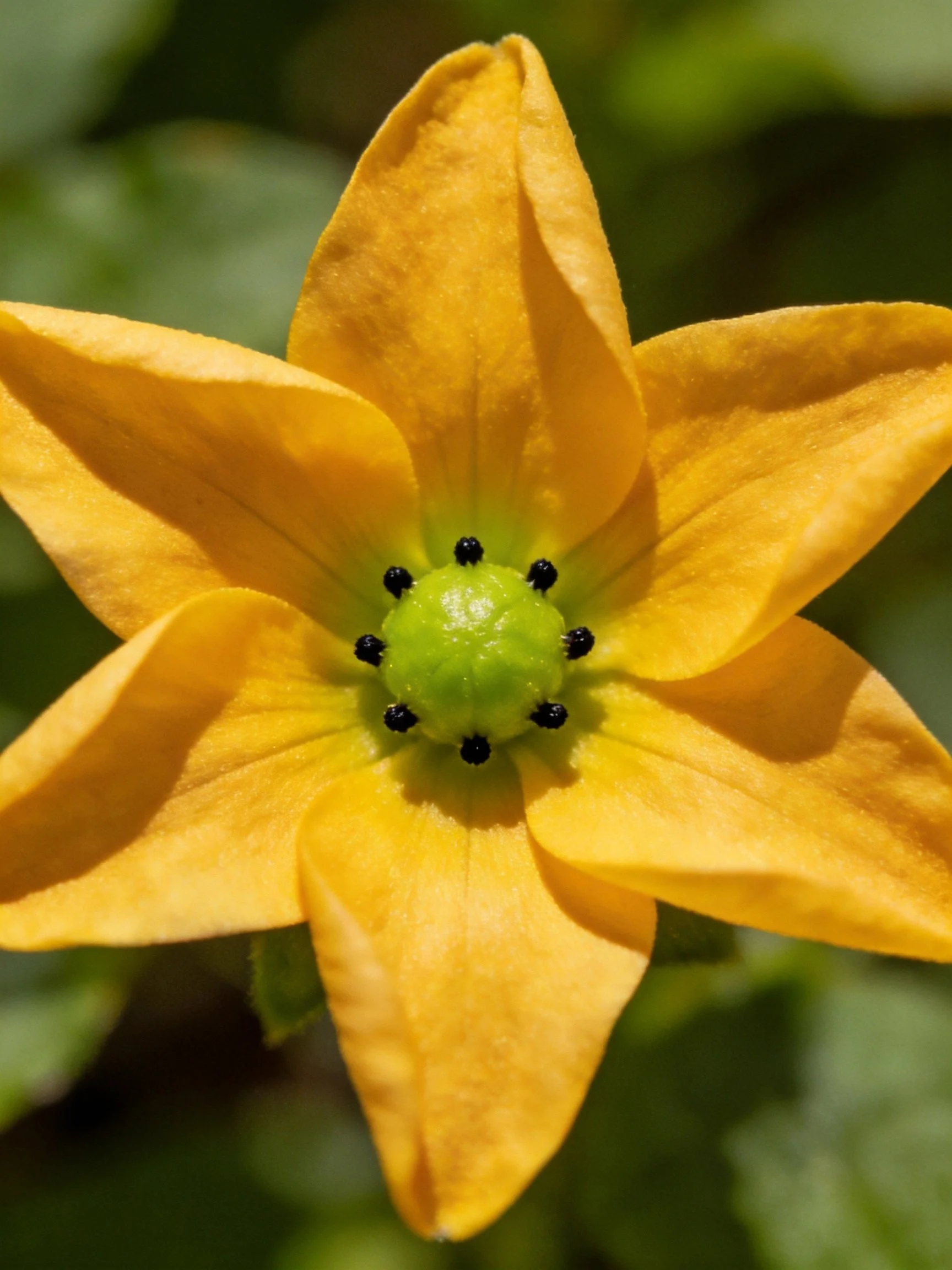 A bright yellow star - shaped flower with a green center and black stamens