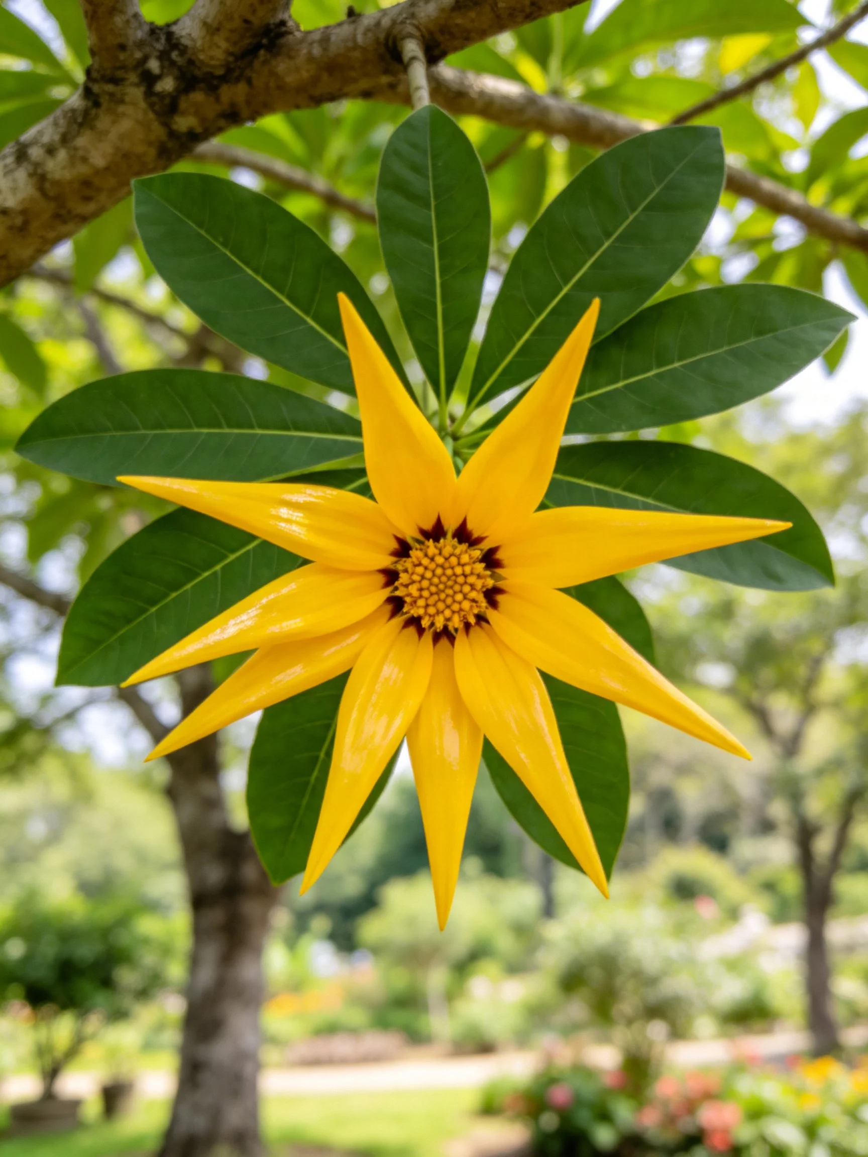 A bright yellow star - shaped flower with large green leaves on a tree branch