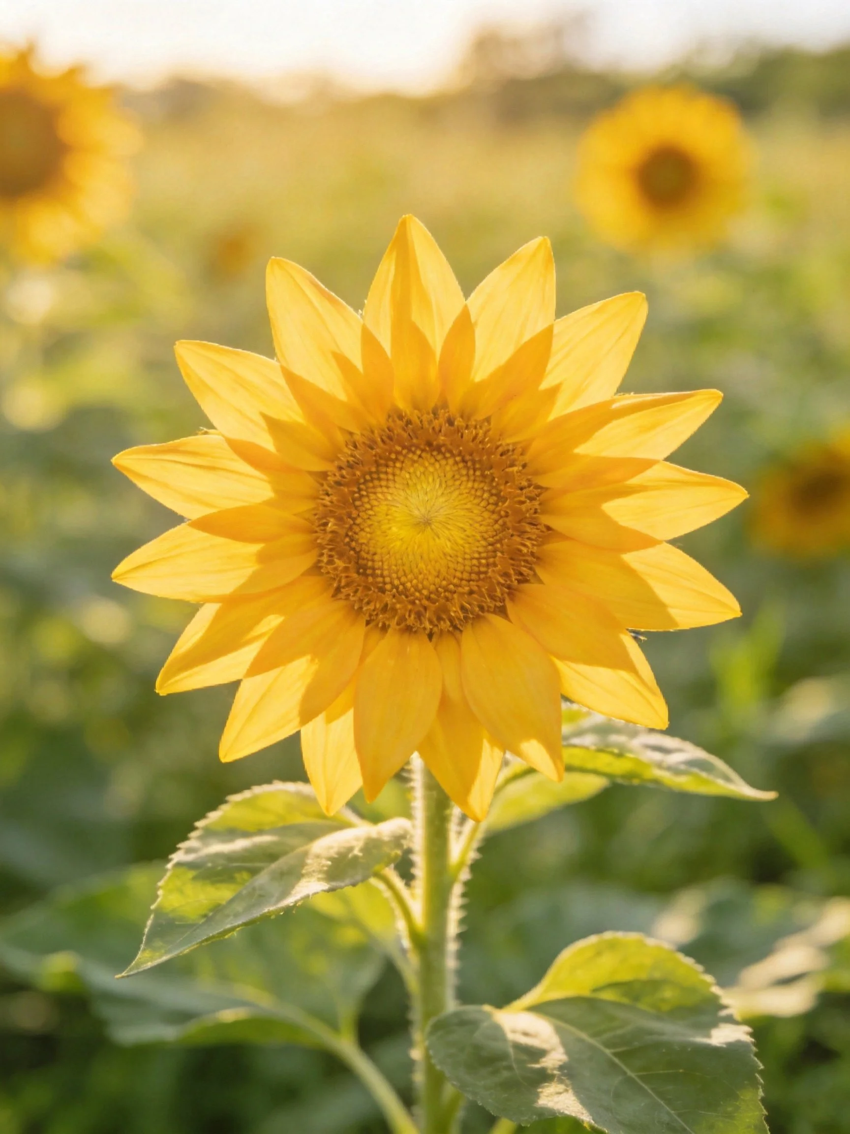 A bright yellow sunflower centered among blurred sunflowers and green foliage.
