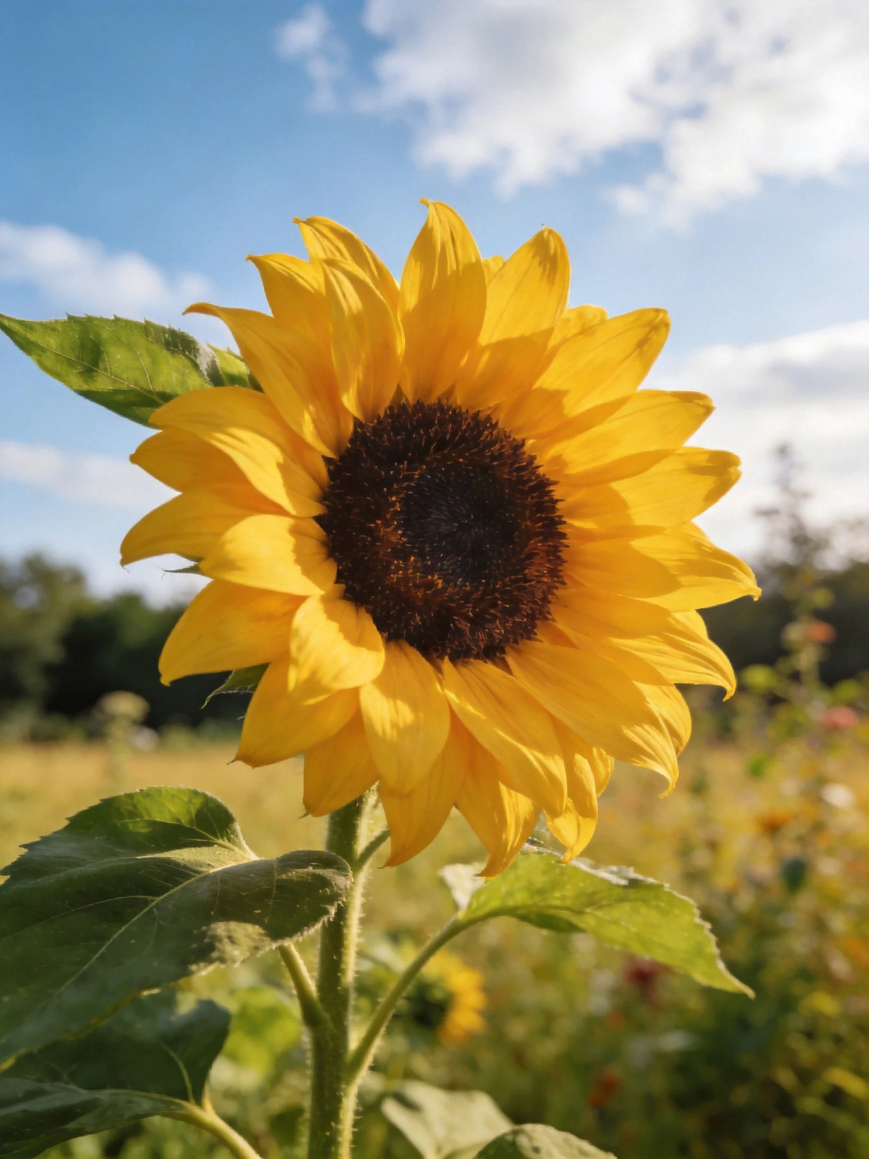 A bright yellow sunflower stands out in a sunlit field