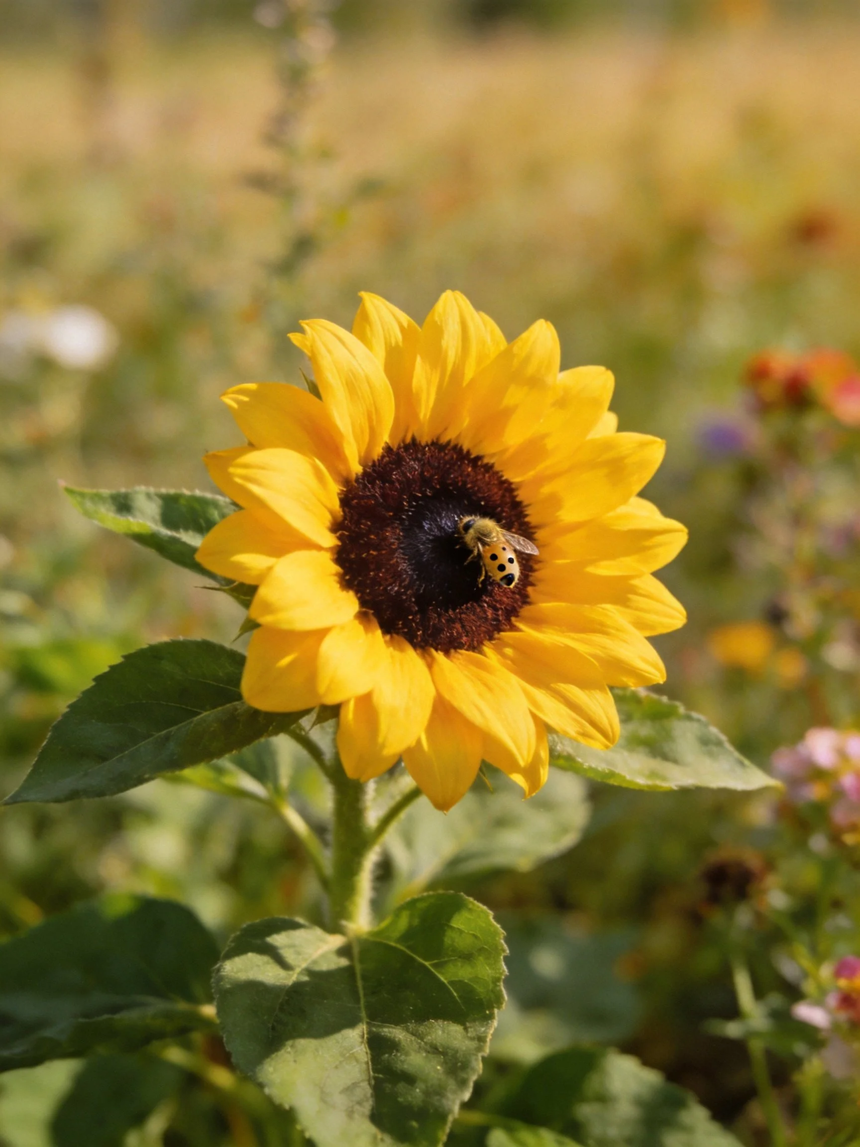 A bright yellow sunflower with a bee on its center