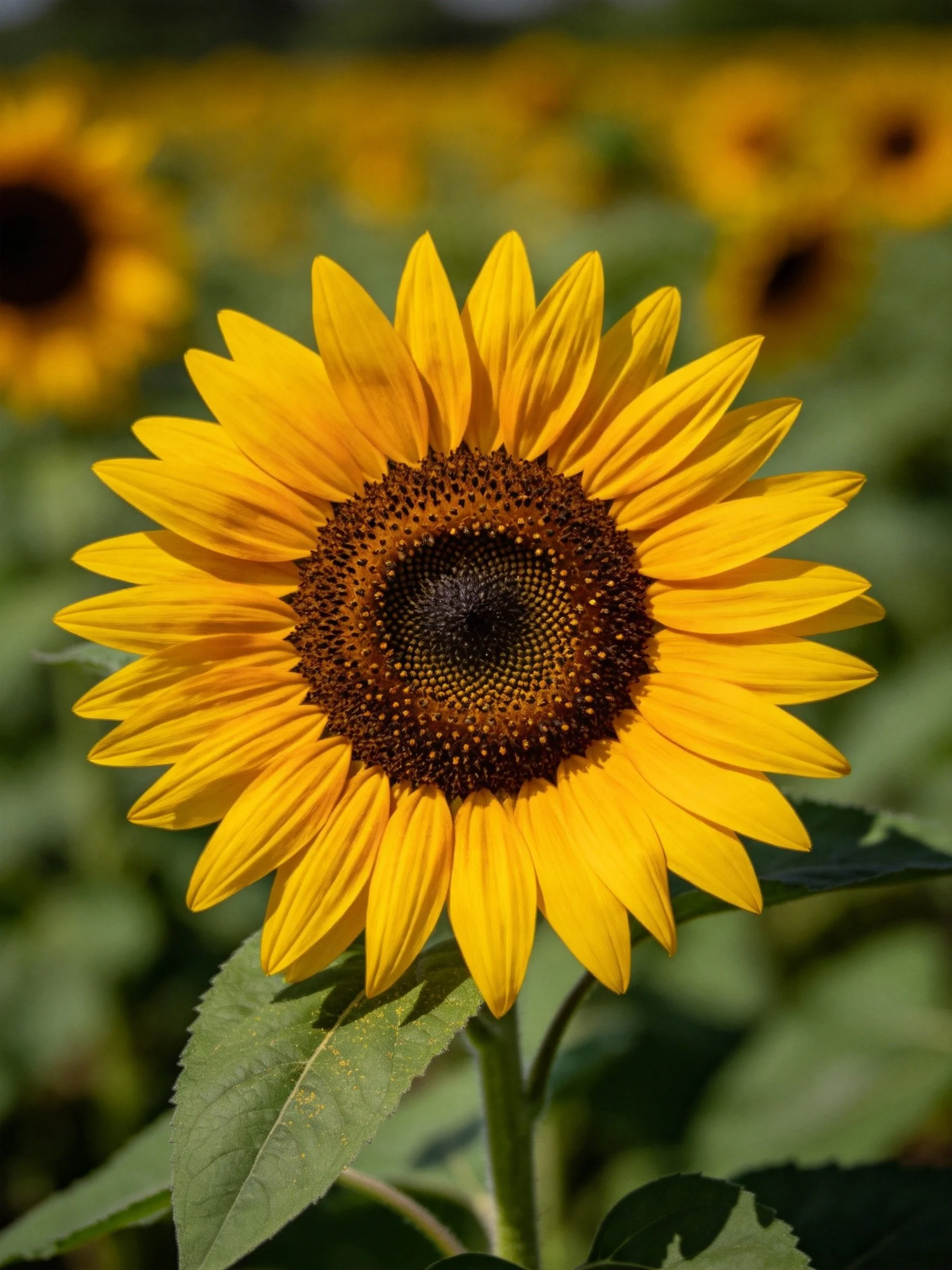 A bright yellow sunflower with a dark brown center amid green foliage