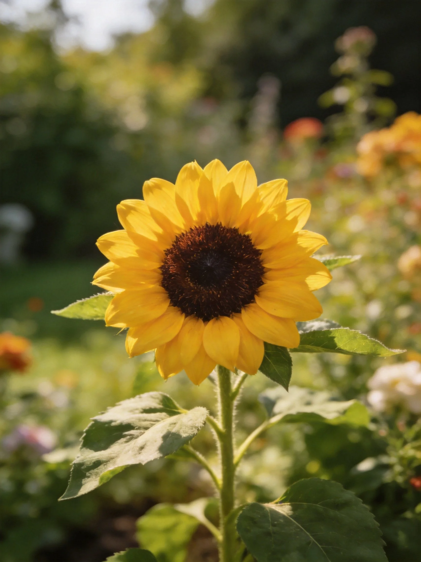 A bright yellow sunflower with a dark brown center in a garden