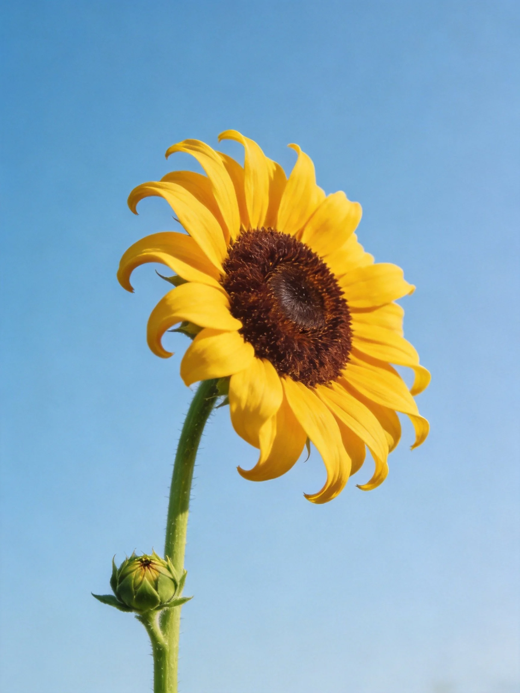 A bright yellow sunflower with a green bud against a clear blue sky