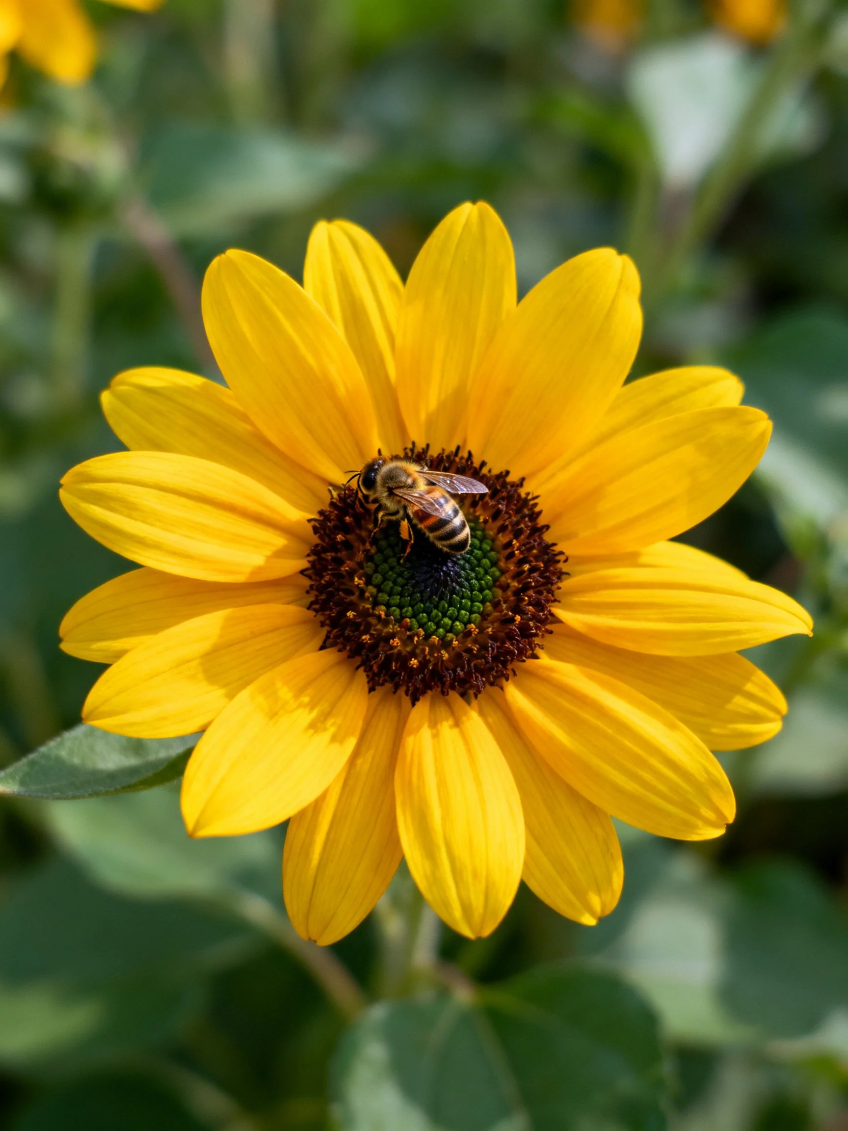 A bright yellow sunflower with a honeybee on its center