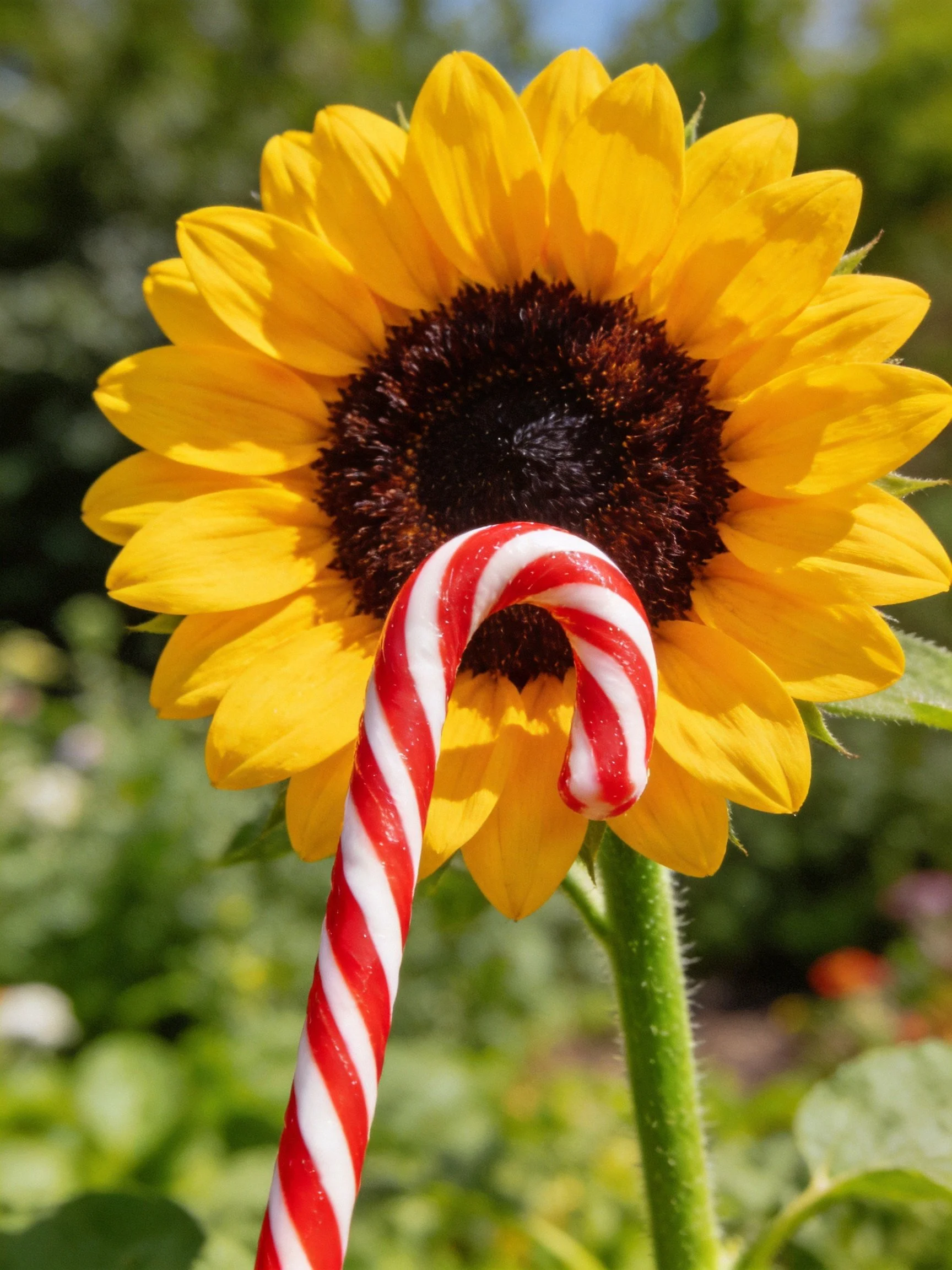 A bright yellow sunflower with a red-and-white striped candy cane