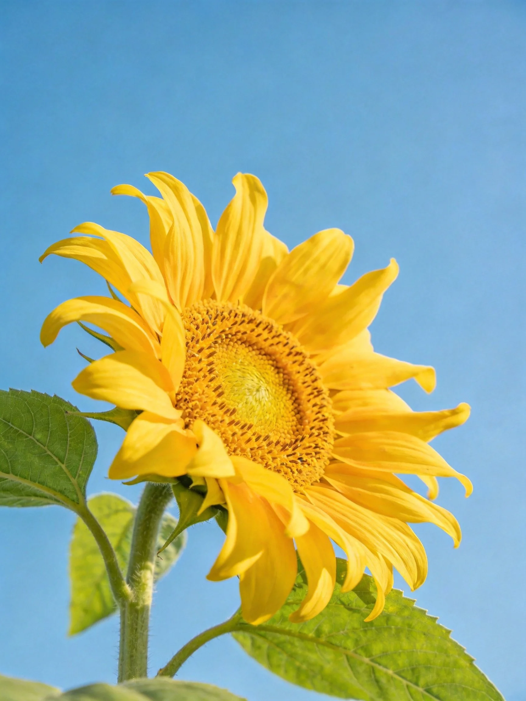 A bright yellow sunflower with broad petals near green leaves under clear blue sky