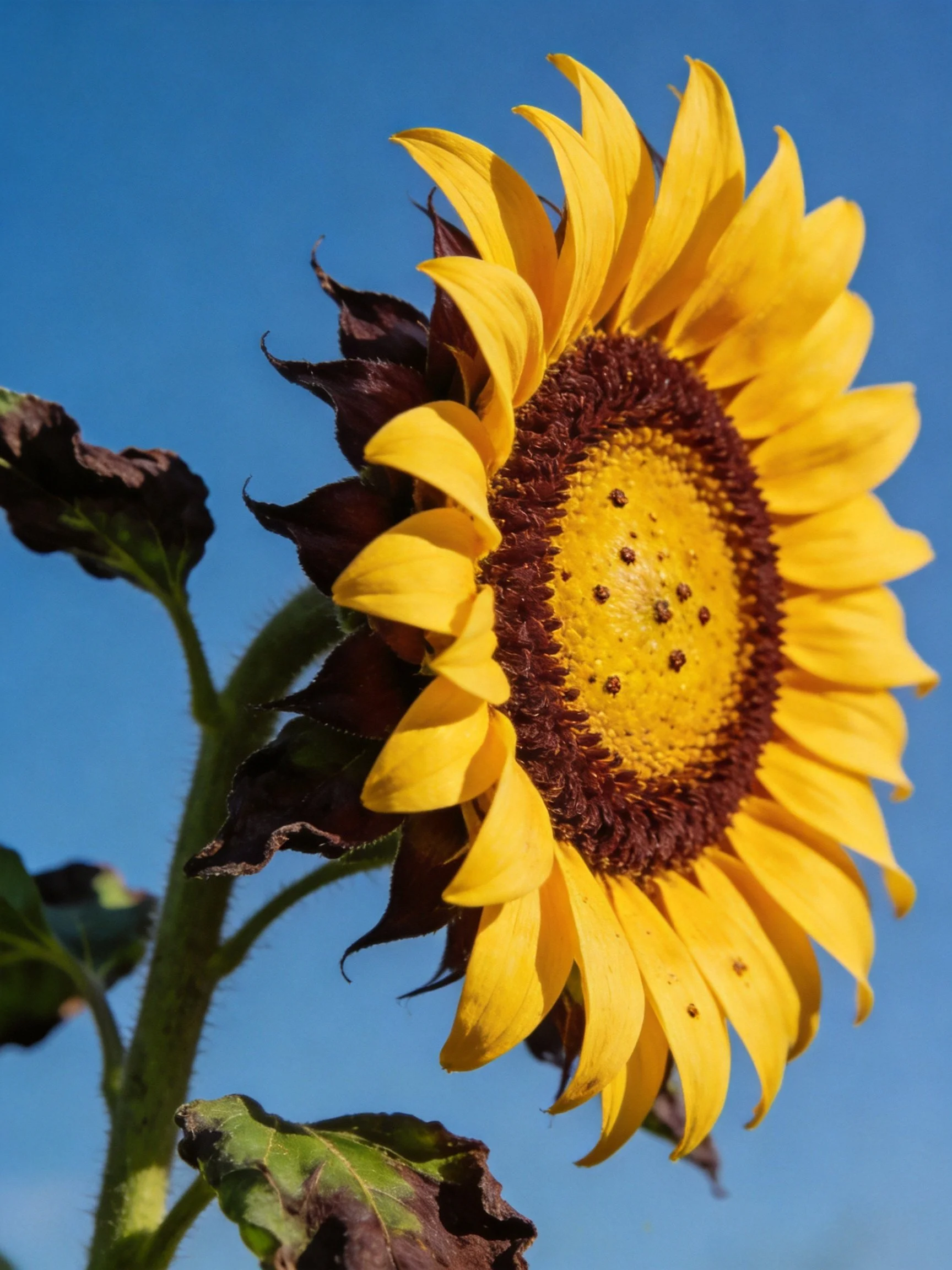 A bright yellow sunflower with dark brown center and green stem